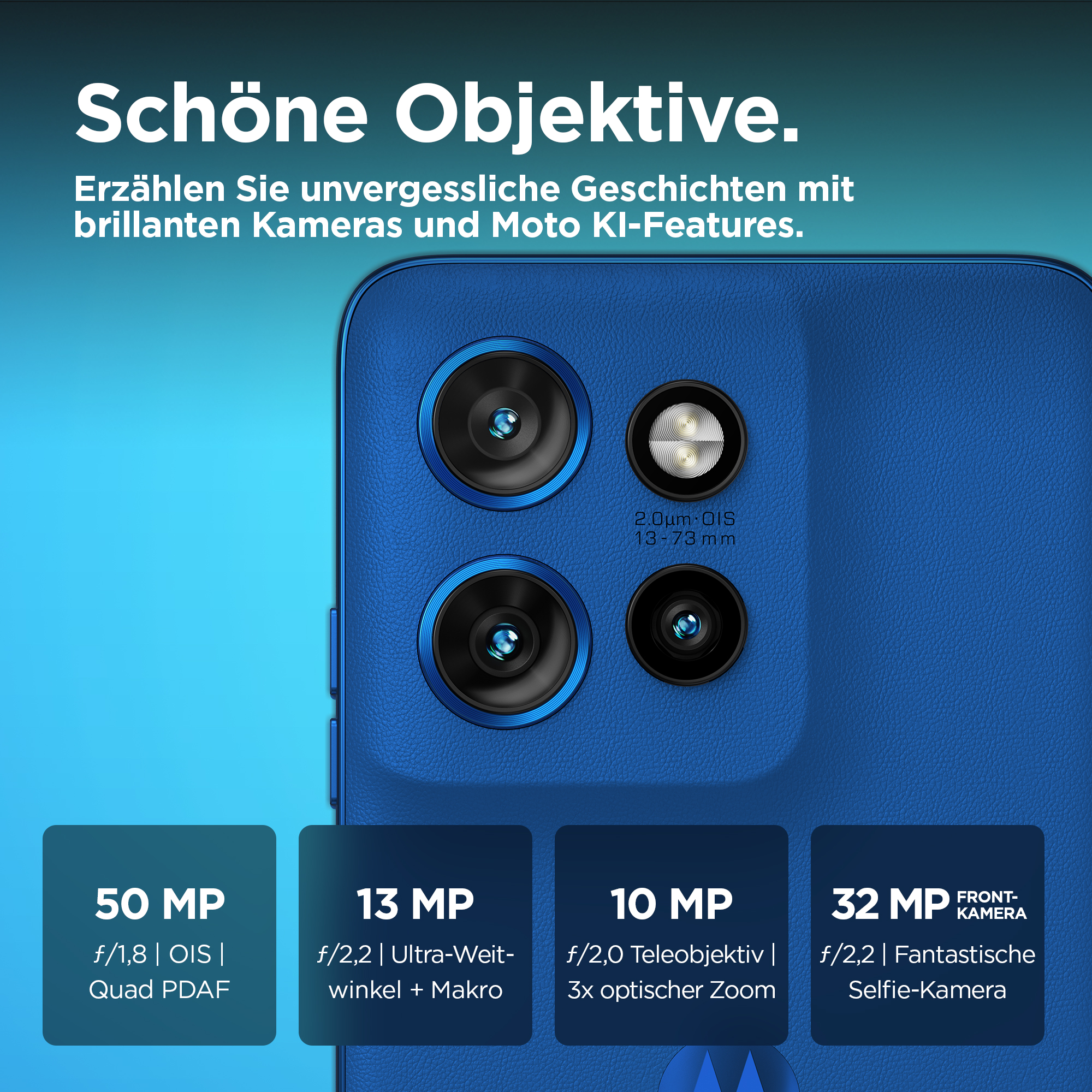Retro del telefono blu con quattro fotocamere e specifiche.