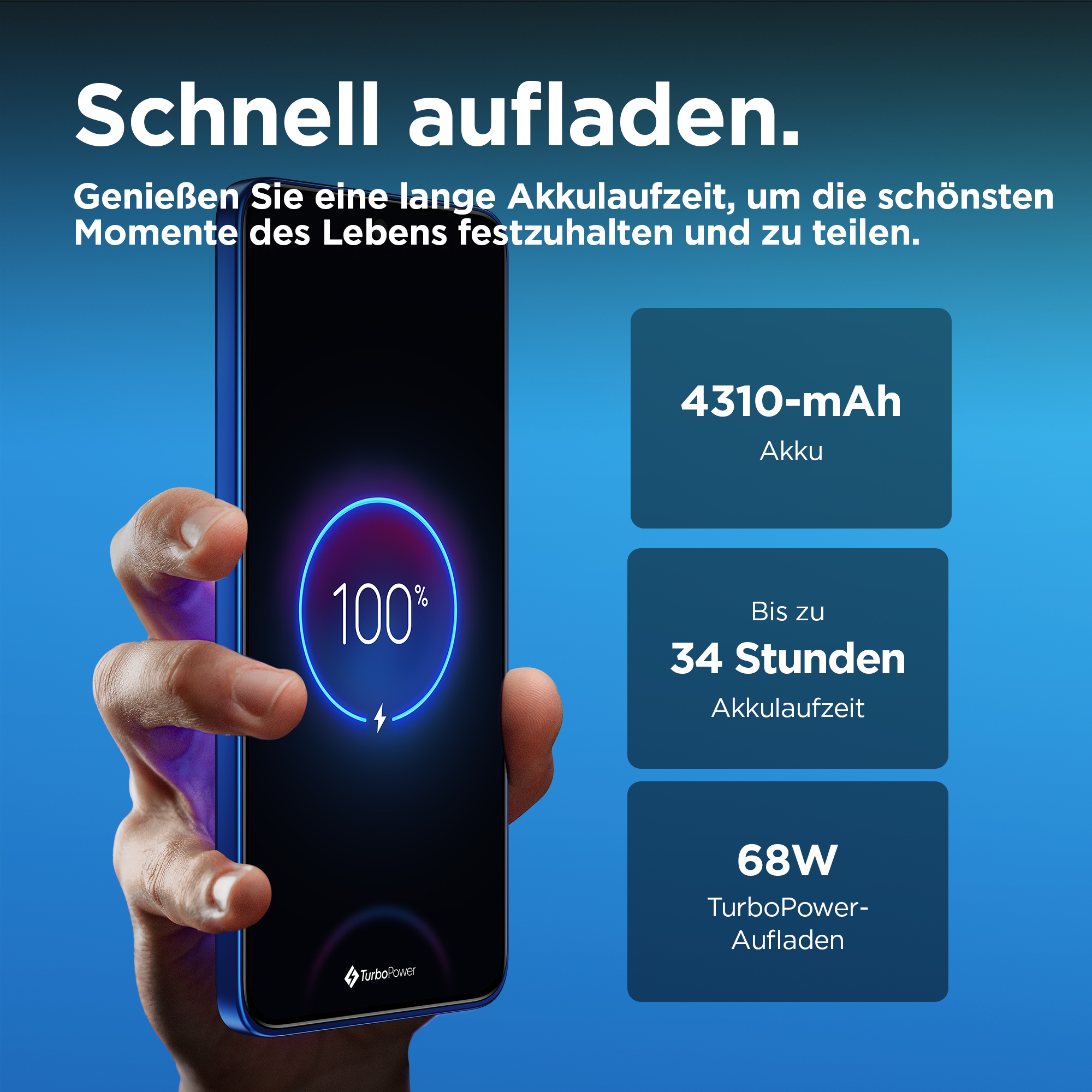 Un telefono con 100% di carica, 4310 mAh, 34 ore di autonomia, 68W TurboPower.