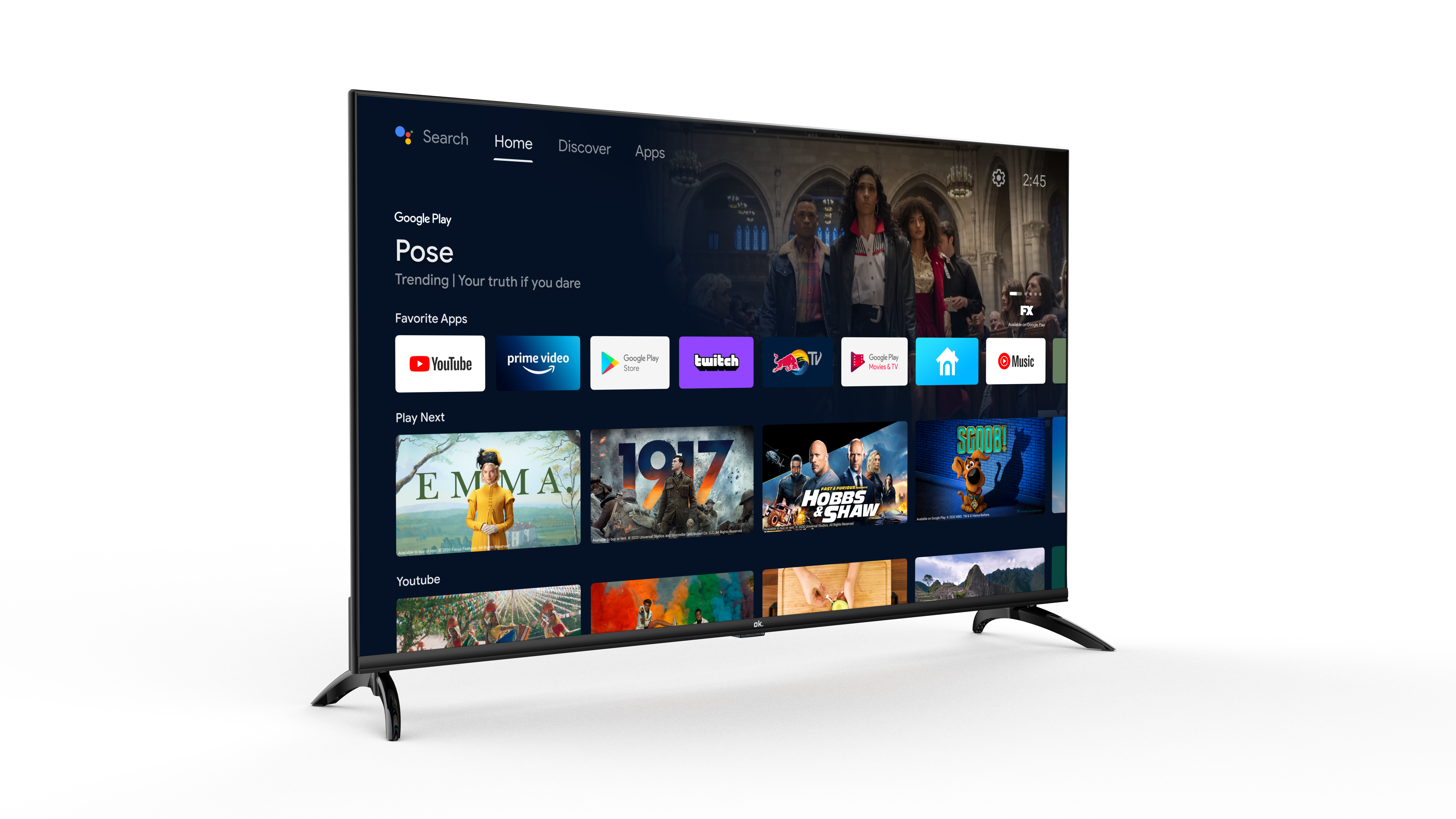 Nowoczesny telewizor wyświetla ekran główny z aplikacjami takimi jak YouTube, Prime Video i Google Play.