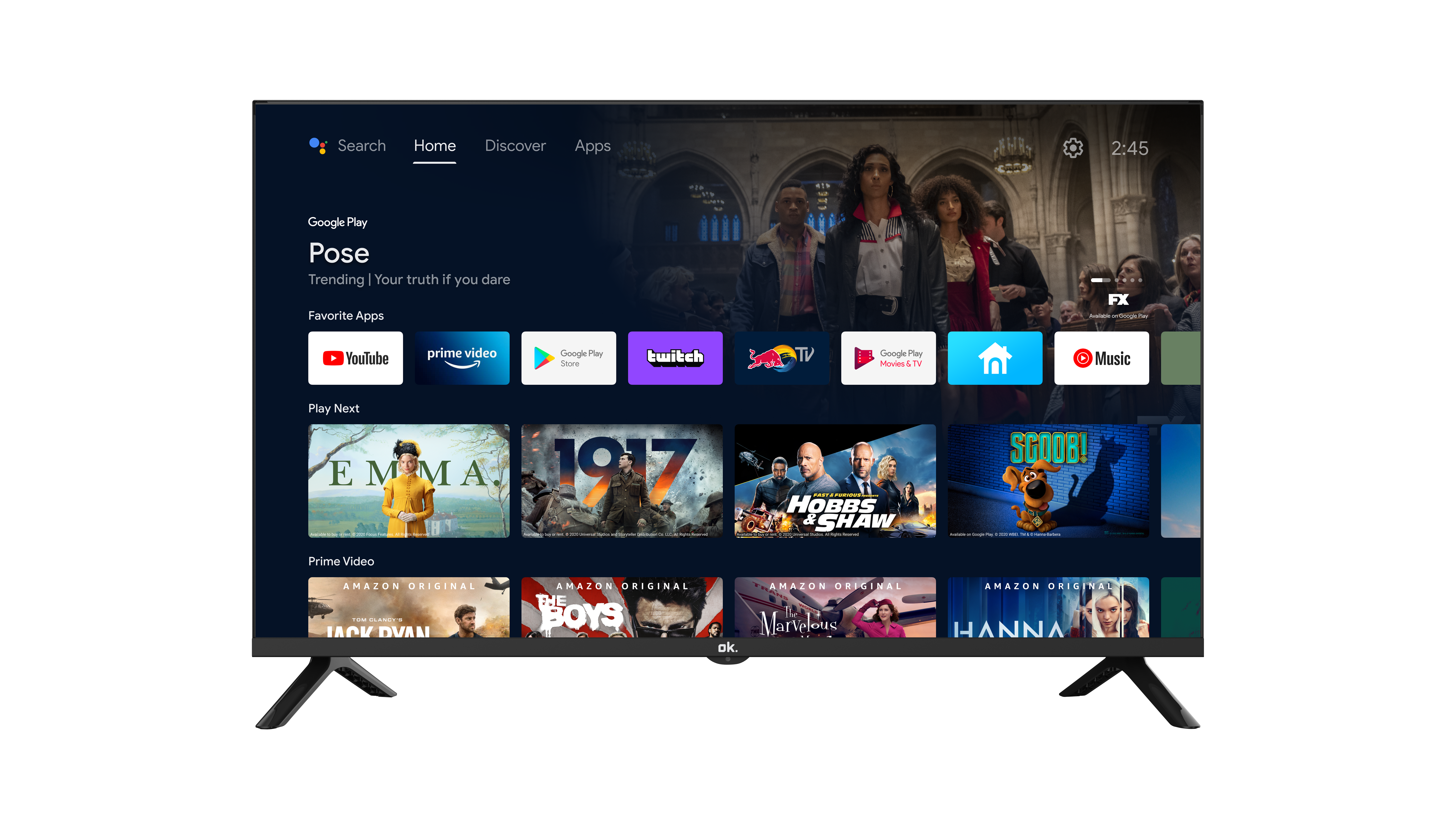 Ekran telewizora wyświetla stronę główną aplikacji streamingowej z filmami i aplikacjami.