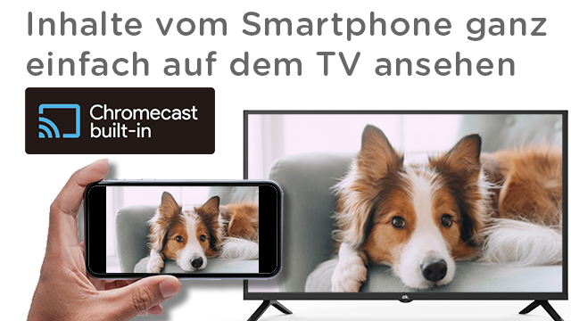 Pies leży na kanapie, pokazany na smartfonie i telewizorze.