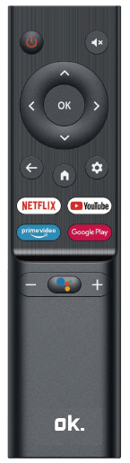 Szary pilot z przyciskami zasilania, głośności, nawigacji, home, ustawień, Netflix, YouTube, Prime Video i Google Play.