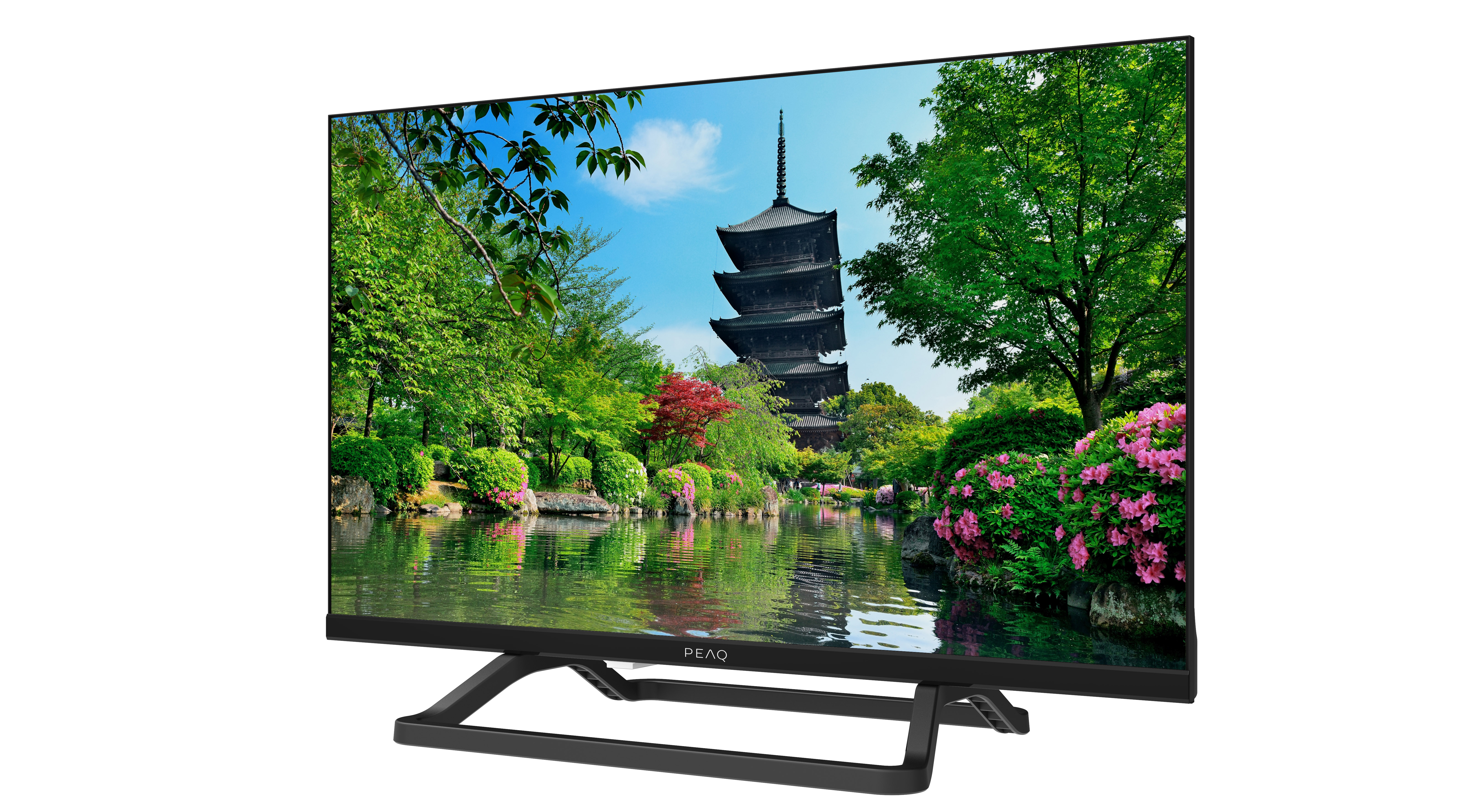 Telewizor wyświetla japońską pagodę w bujnym ogrodzie ze stawem.