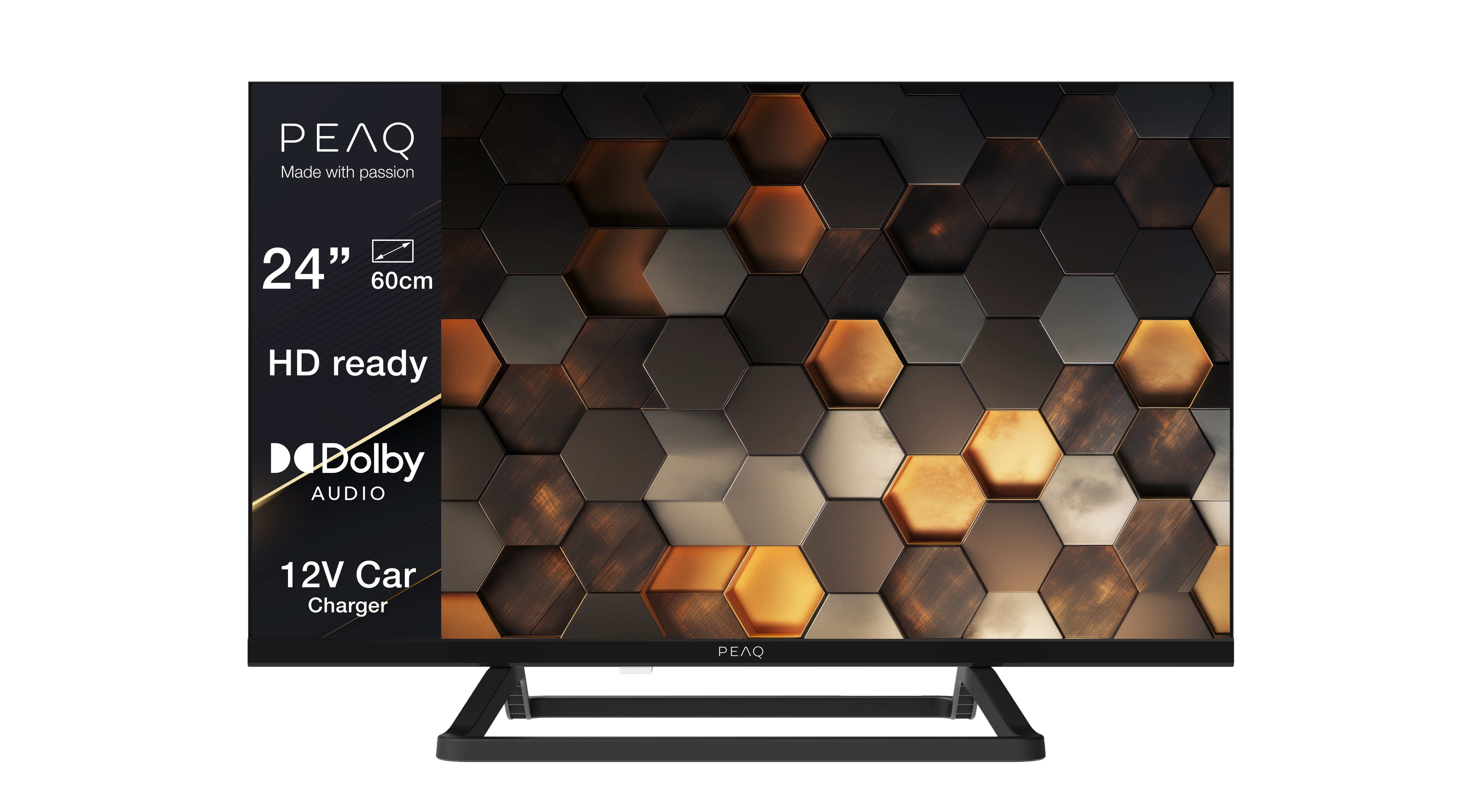 Telewizor 24-calowy HD ready z Dolby Audio i ładowarką samochodową 12V.
