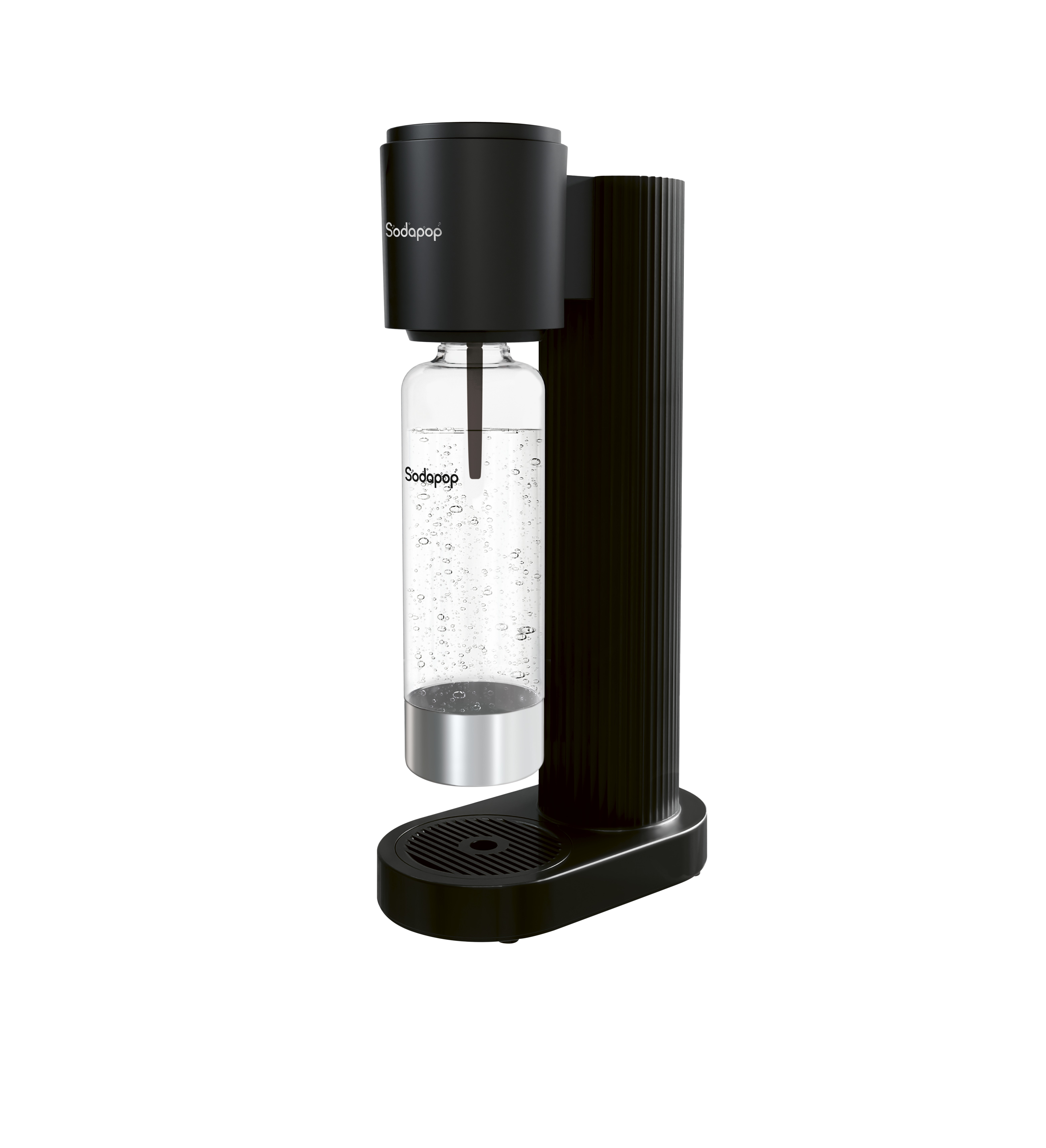 Schwarzer Wassersprudler mit Glasflasche, gefüllt mit sprudelndem Wasser.