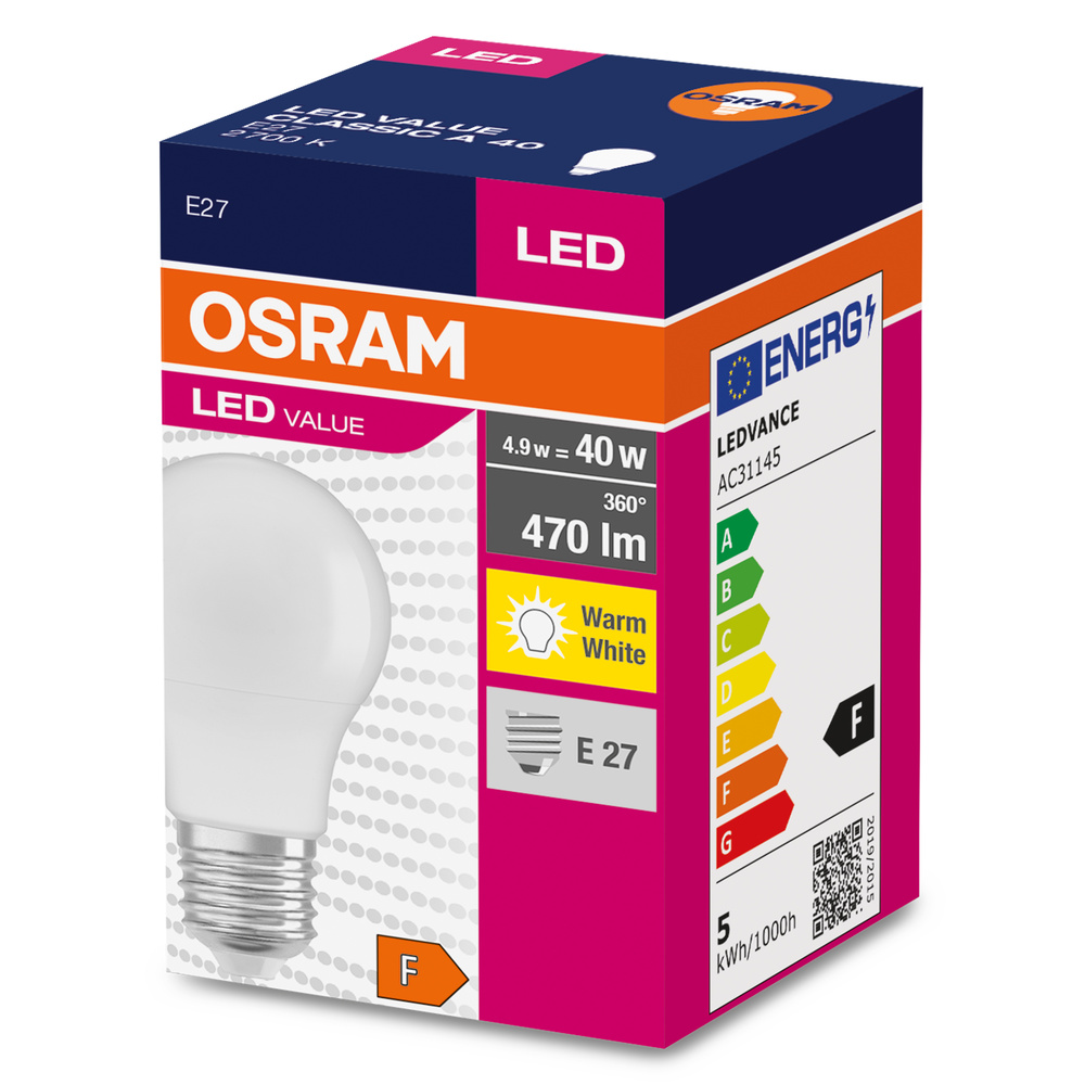 Osram LED-izzó csomagolása, amely mutatja a teljesítményt, lumeneket és energiaosztályt.