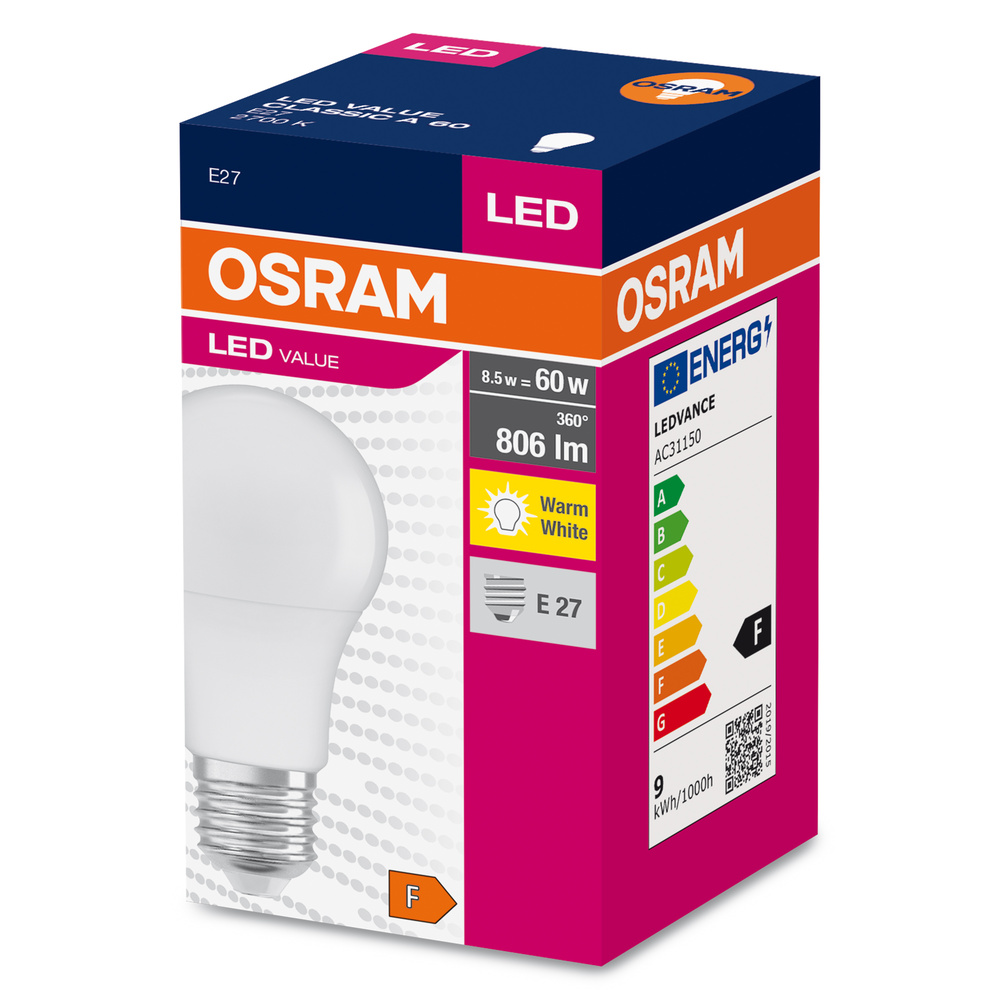 Osram LED izzó E27 foglalattal, 8.5W, 806 lumen, Melegfehér, F energiaosztály.
