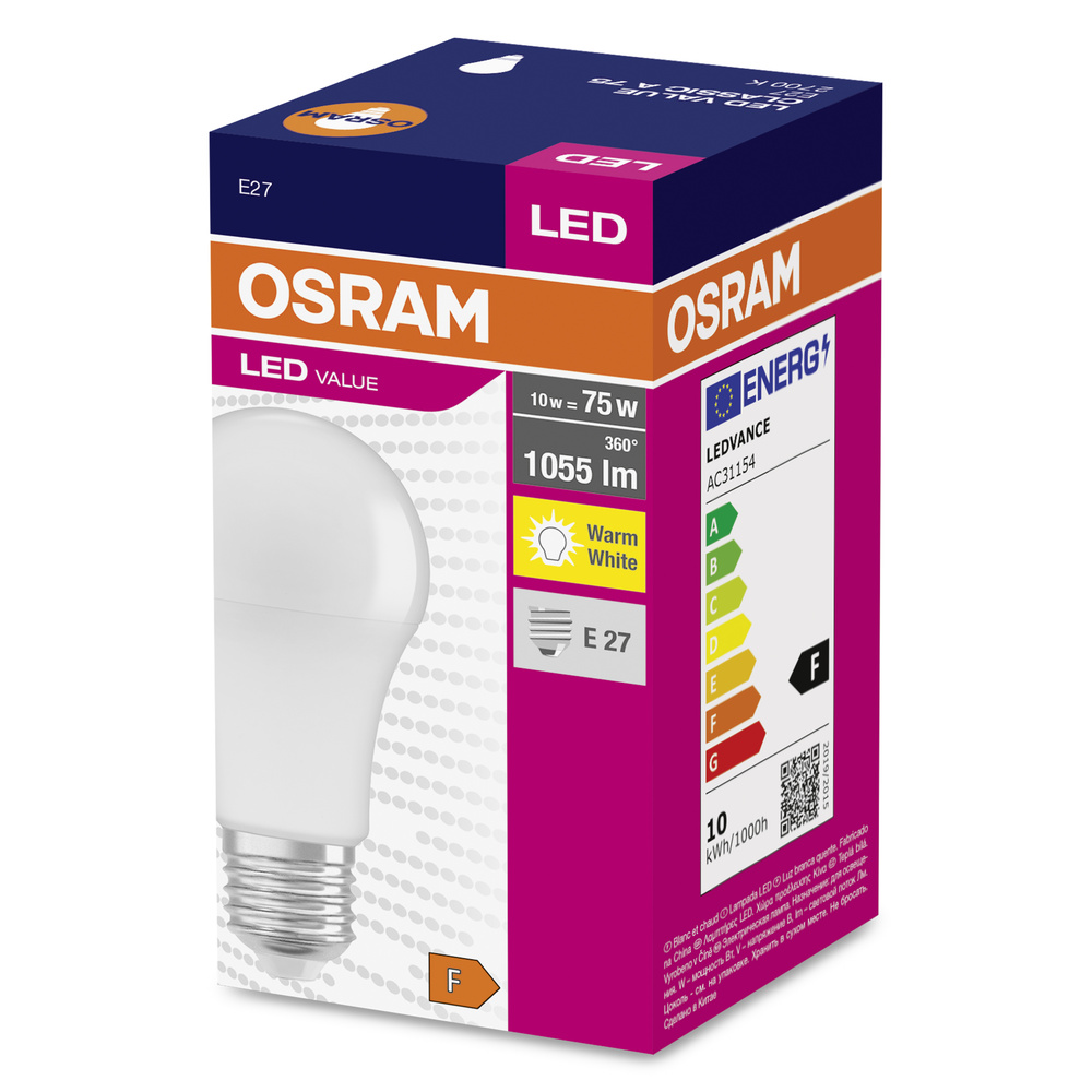 OSRAM LED izzó, E27 foglalat, 10W, 1055lm, Meleg fehér, F energiaosztály.