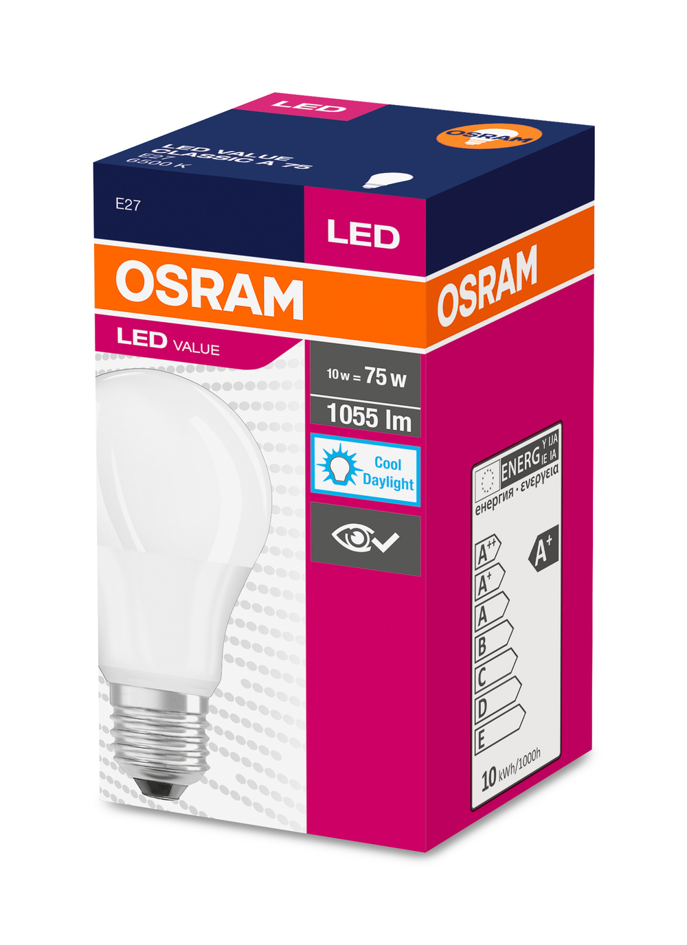 Osram LED izzó csomagolás energiaosztály-skála, 10W=75W, 1055lm, Hűvös nappali.