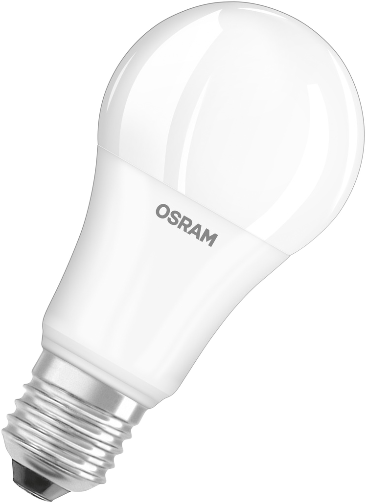 Egy fehér OSRAM LED izzó csavaros foglalattal, fekete háttér előtt.