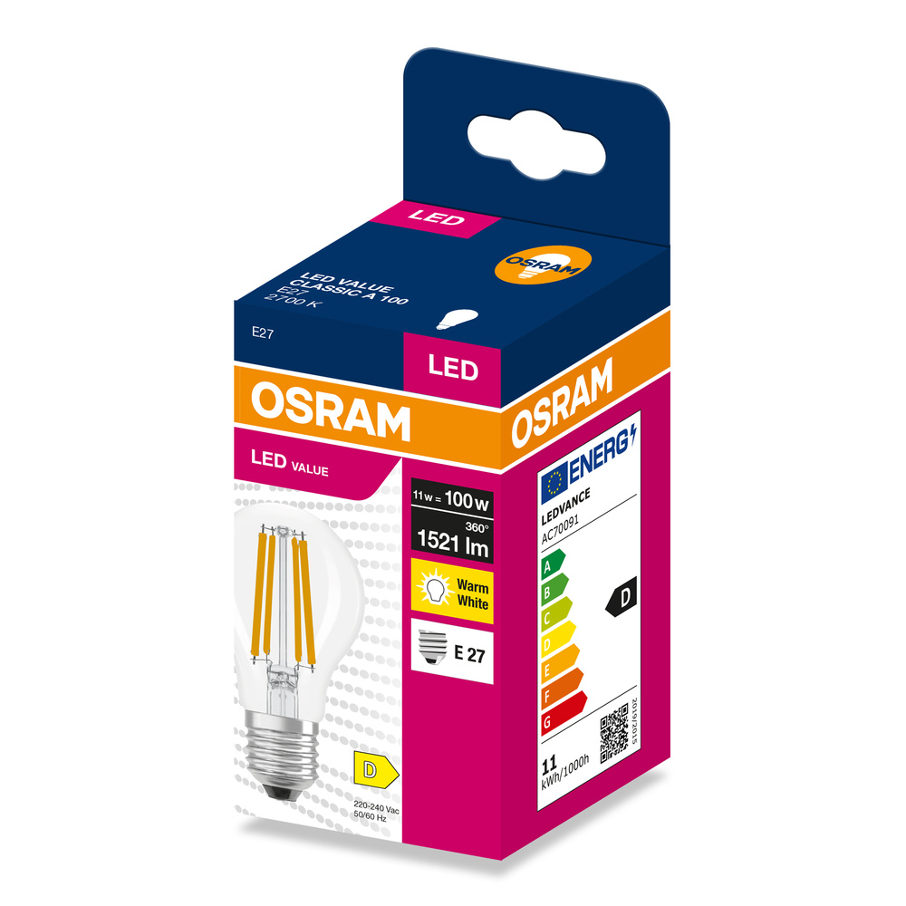 OSRAM LED izzó Classic A 100, E27 foglalat, 11W, Melegfehér, D energiaosztály.