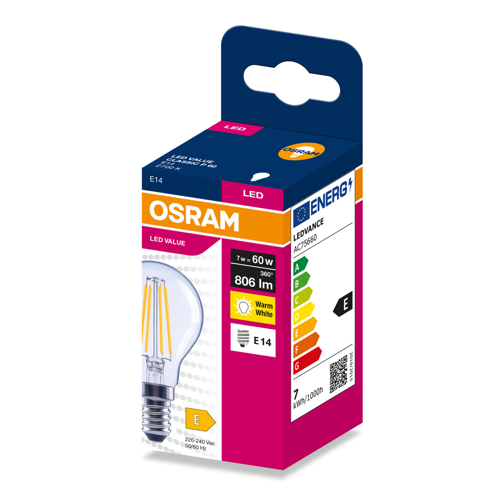 OSRAM LED izzó csomagolásban, E energiaosztály.