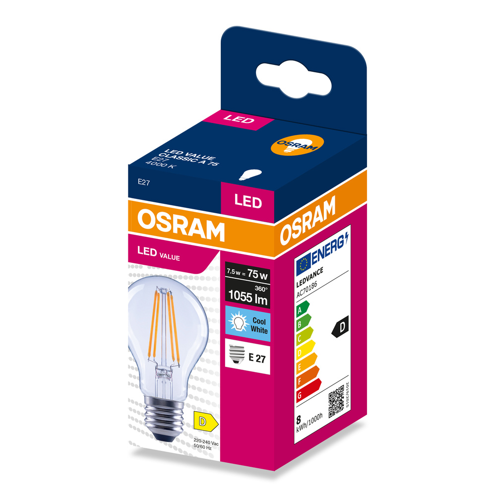 OSRAM LED izzó dobozban, E27, 7,5W, 1055lm, Hűvös Fehér, D energiaosztály.