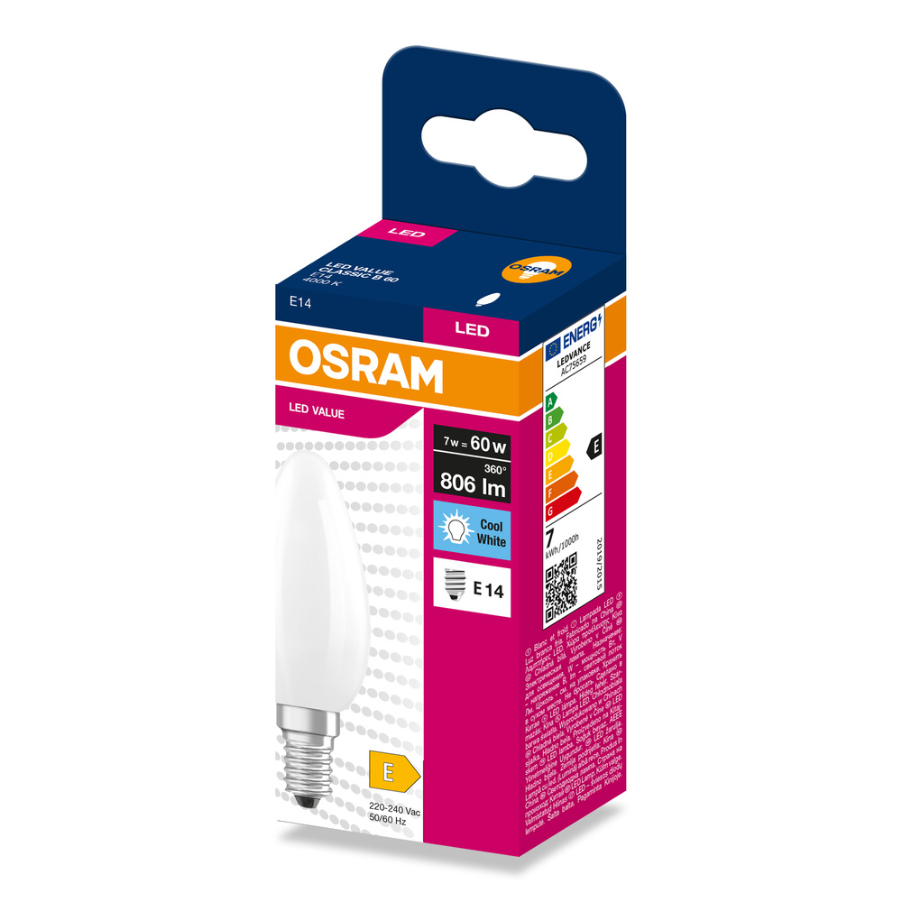 Osram LED gyertya izzó E14, 7W, 806lm, hideg fehér, E energiaosztály.