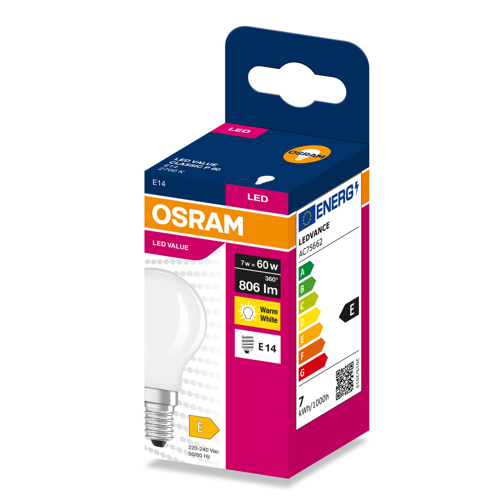 Osram LED izzó csomagolásban, E14 foglalat, 7W, meleg fehér, E energiahatékonyság.