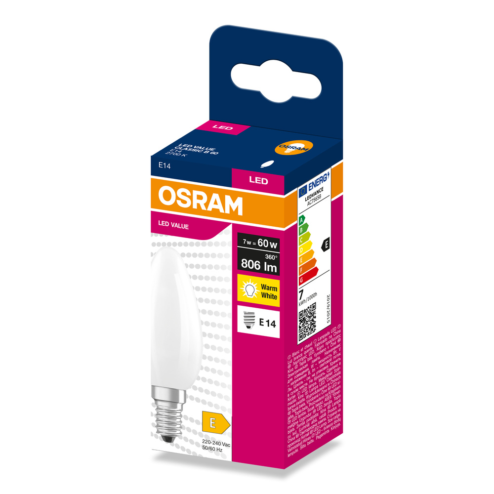 Osram LED gyertya izzó, E14, 7W, meleg fehér, 806 lm, E energiaosztály.