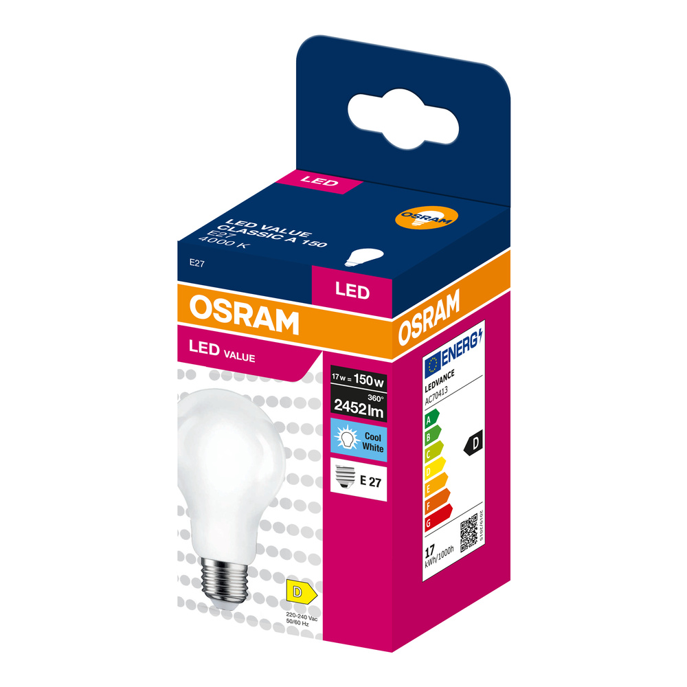 OSRAM LED-izzó csomagolásban, 17W, 4000K, E27 foglalat, D energiaosztály.