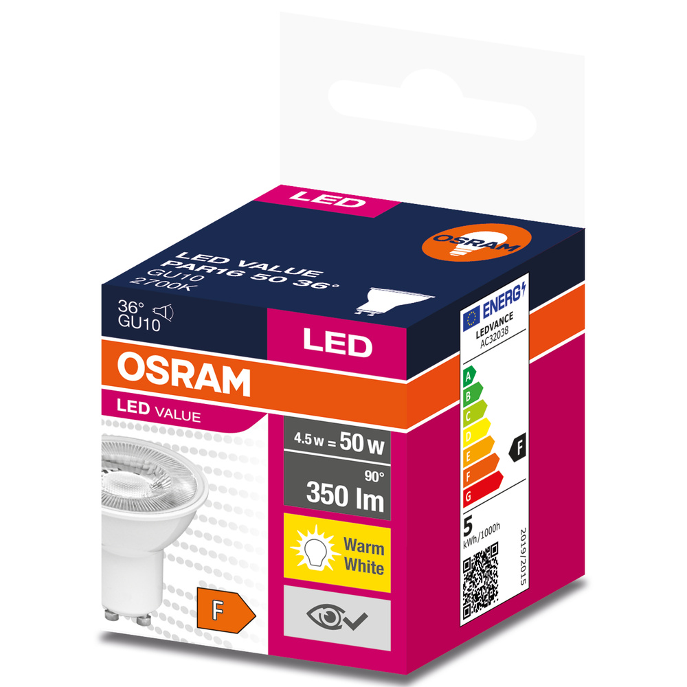 OSRAM LED izzó, GU10, 4.5W, 350lm, Melegfehér, F energiaosztály.
