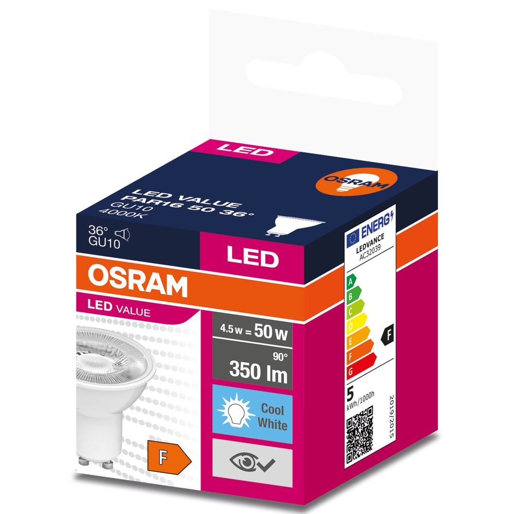 OSRAM LED-izzó GU10 foglalattal, 4000K, 350lm, 4.5W, F energiaosztály.