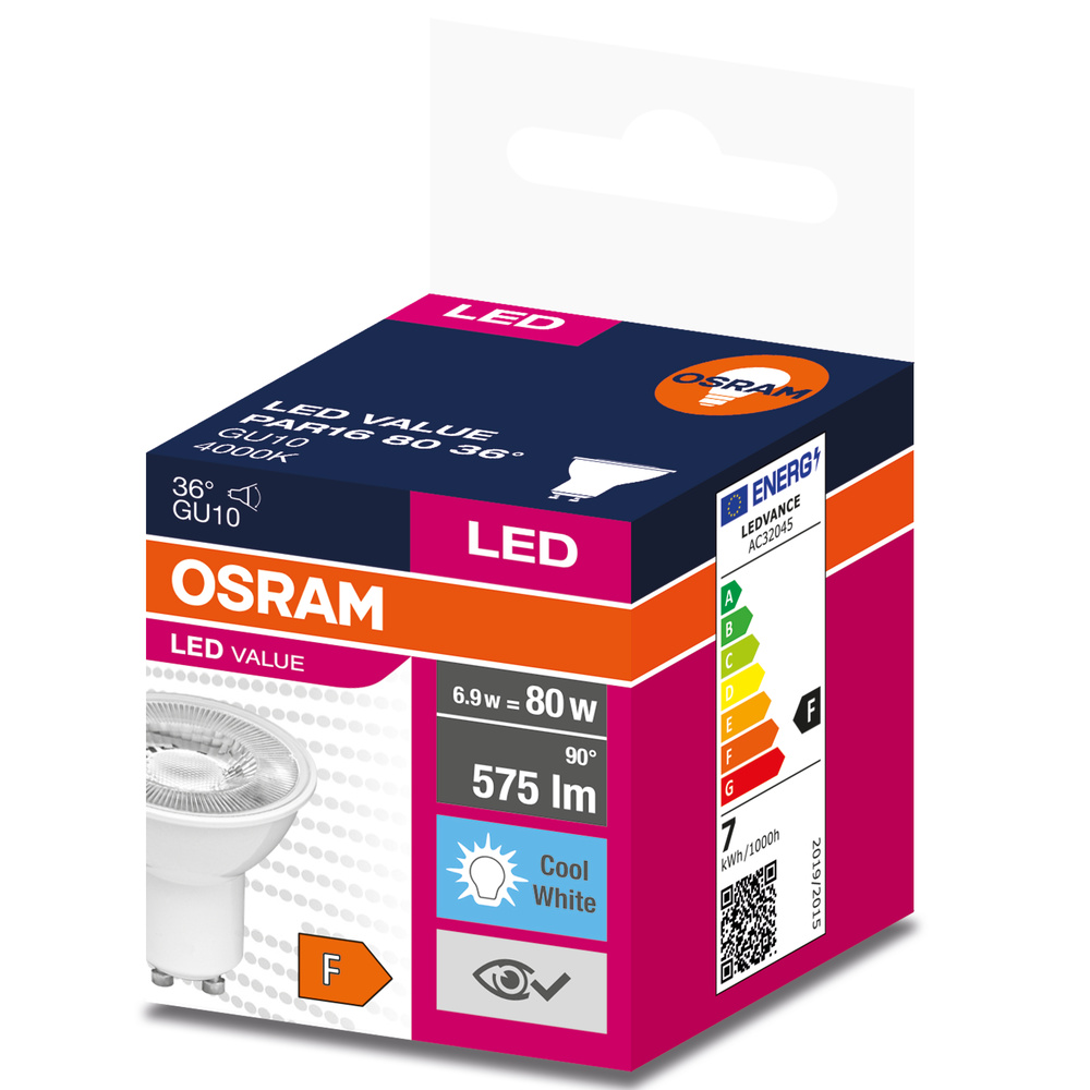 OSRAM LED-izzó csomagolás, GU10, 6.9W, 575lm, Hűvös Fehér, F energiaosztály.