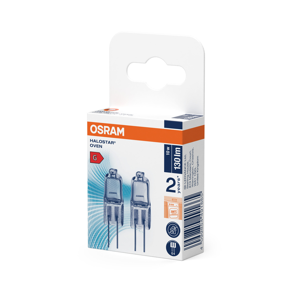 OSRAM Halostar sütő izzók csomagolásban. Két izzó látható. 10W, 130lm.