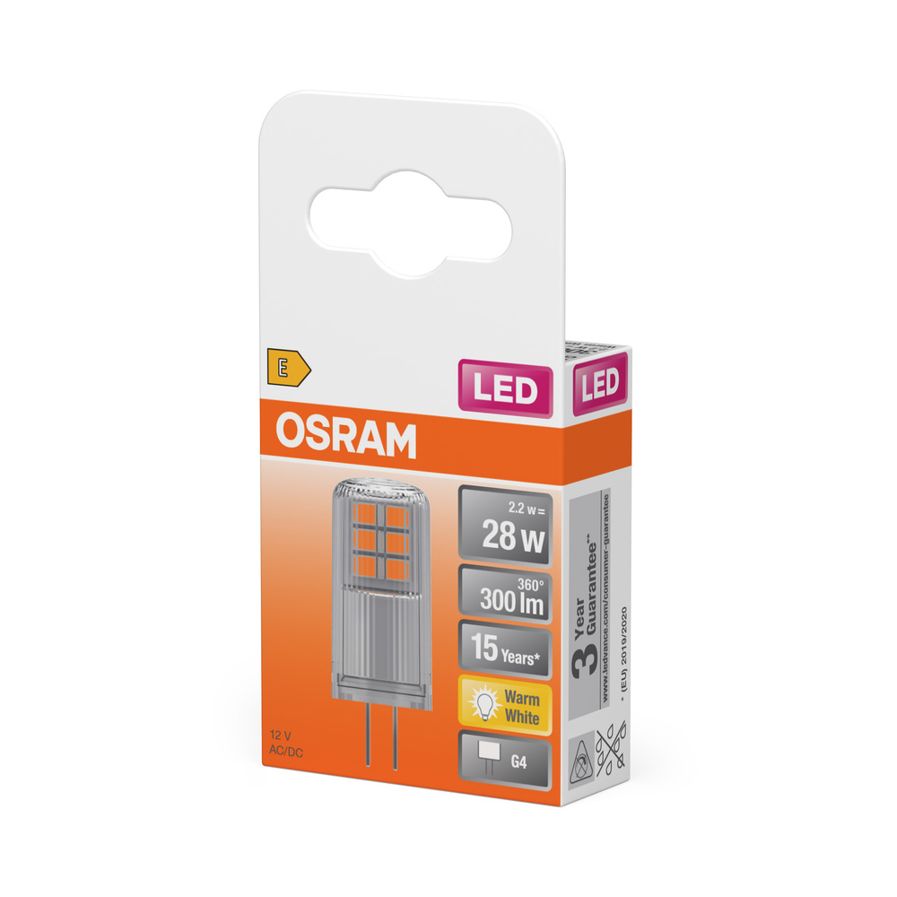 OSRAM G4 LED izzó, 2,2W, Meleg fehér, 300lm, 12V AC/DC, 3 év garancia.
