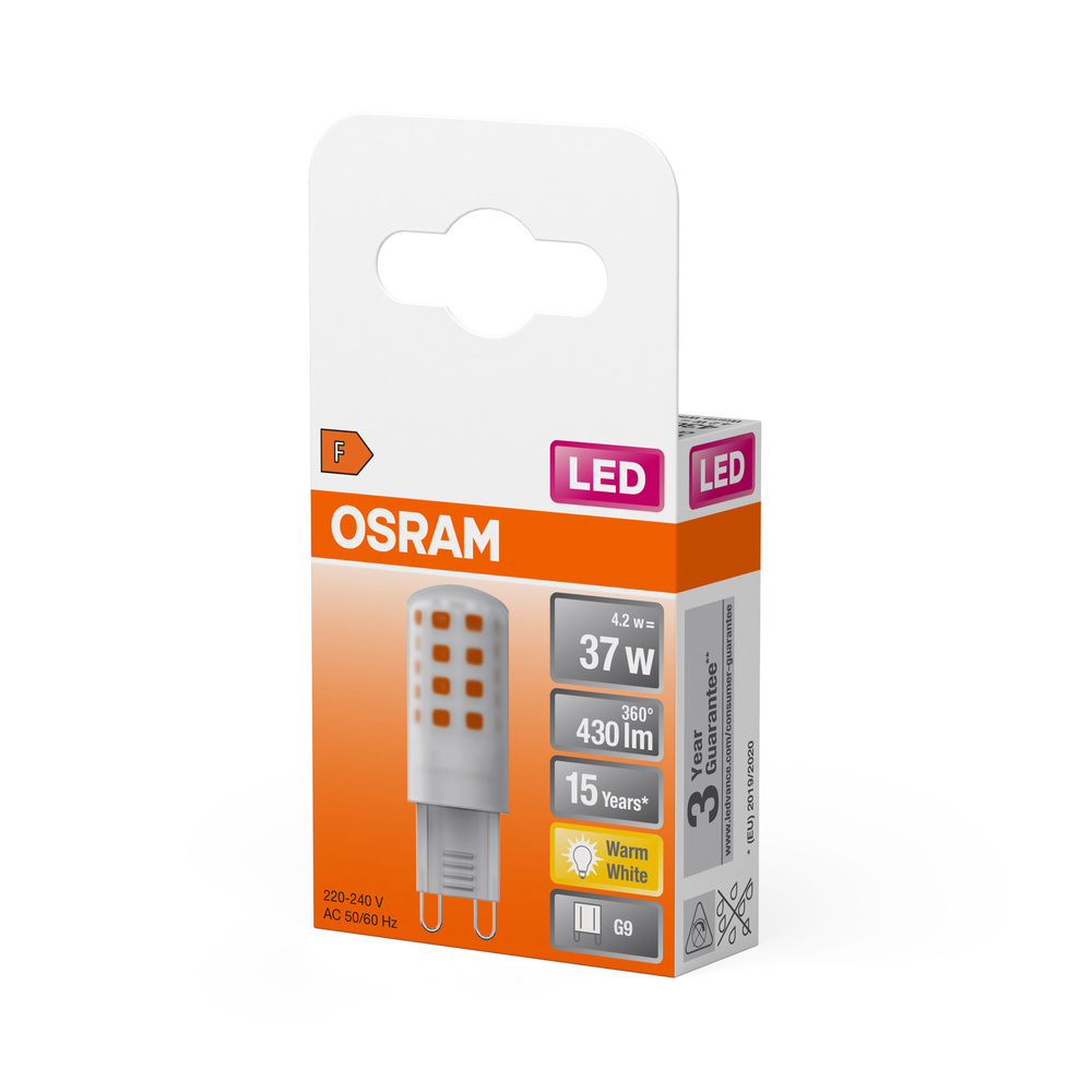 Osram LED izzó csomagolásban. Energiahatékonyság F. 4.2W, 430lm, Melegfehér.