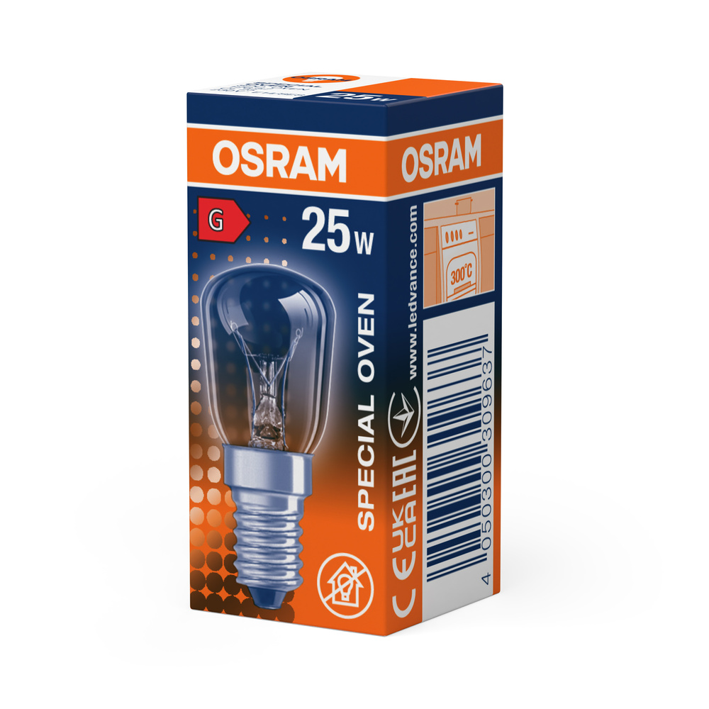 Osram speciális sütőizzó 25W csavaros foglalattal fehér háttéren.