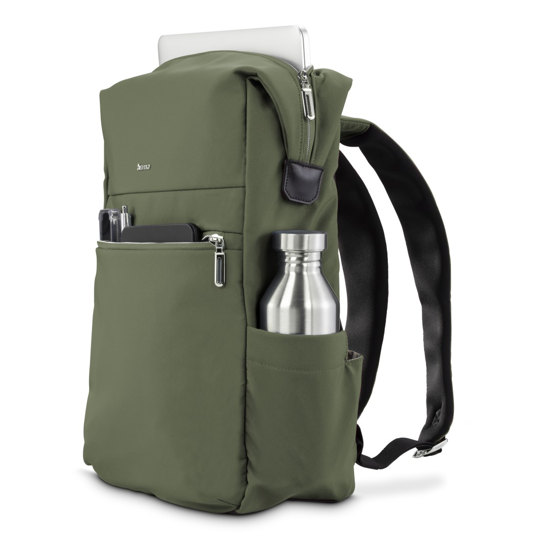 Grüne Rucksack mit Laptop, Flasche und Stiften in den Taschen.