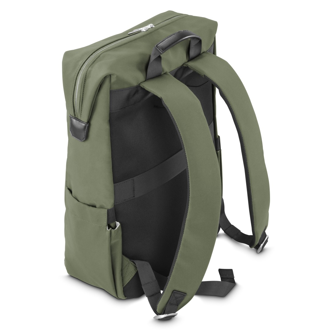 Ein olivgrüner Rucksack mit schwarzen Trägern und Reißverschluss.