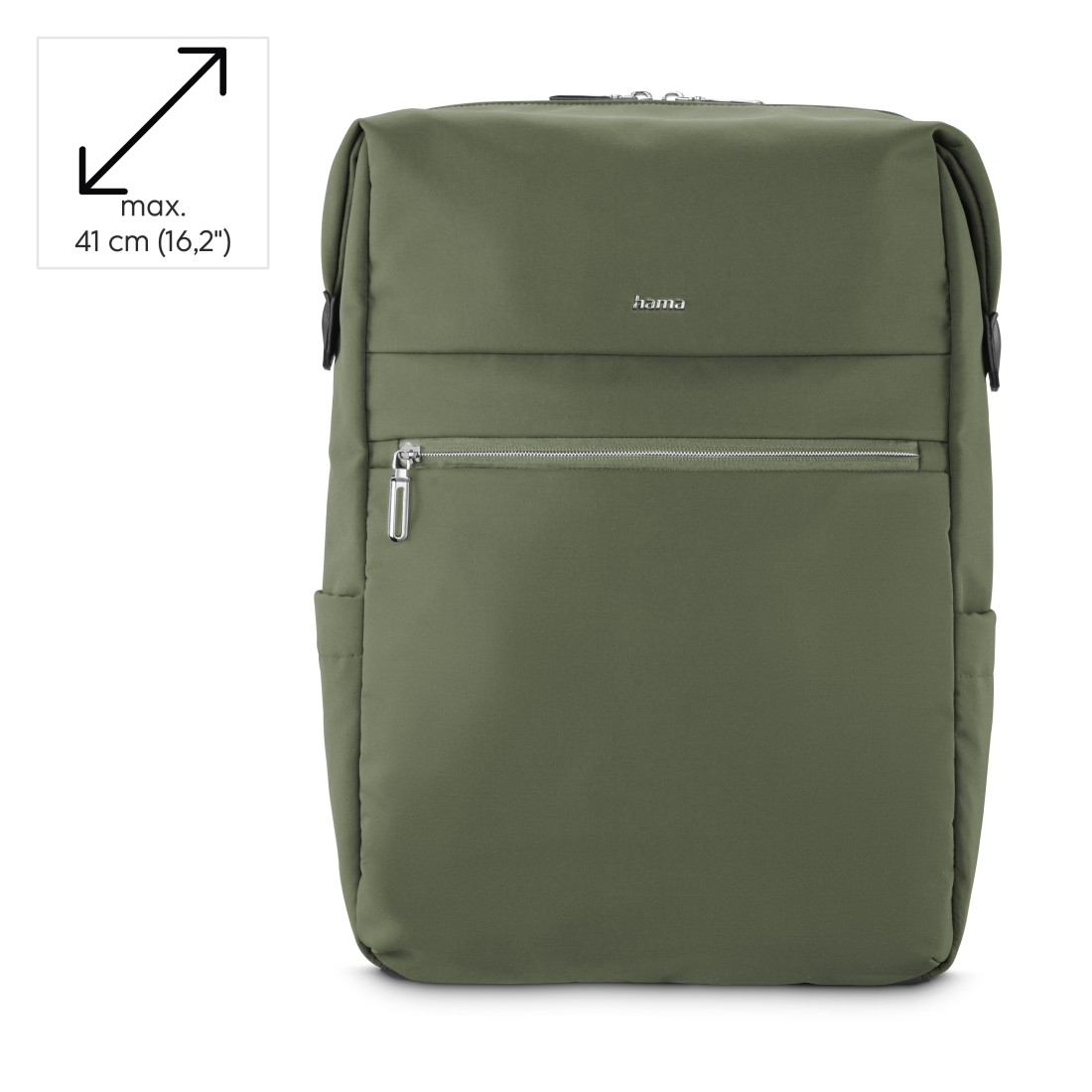 Grüne Hama-Rucksack mit Reißverschlussfach und Logo.