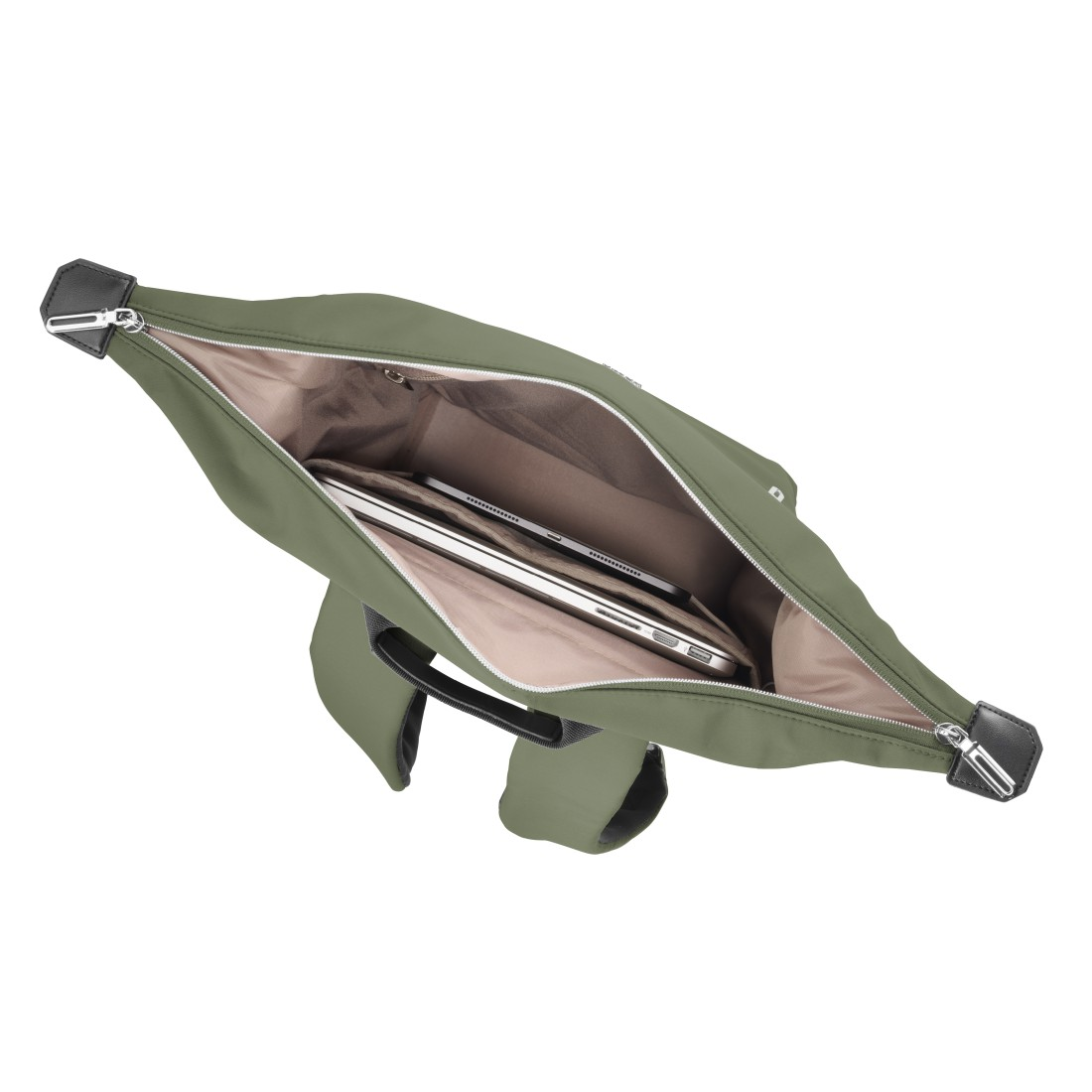 Offene olivgrüne Tasche mit Laptop und Tablet, schwarze Griffe.