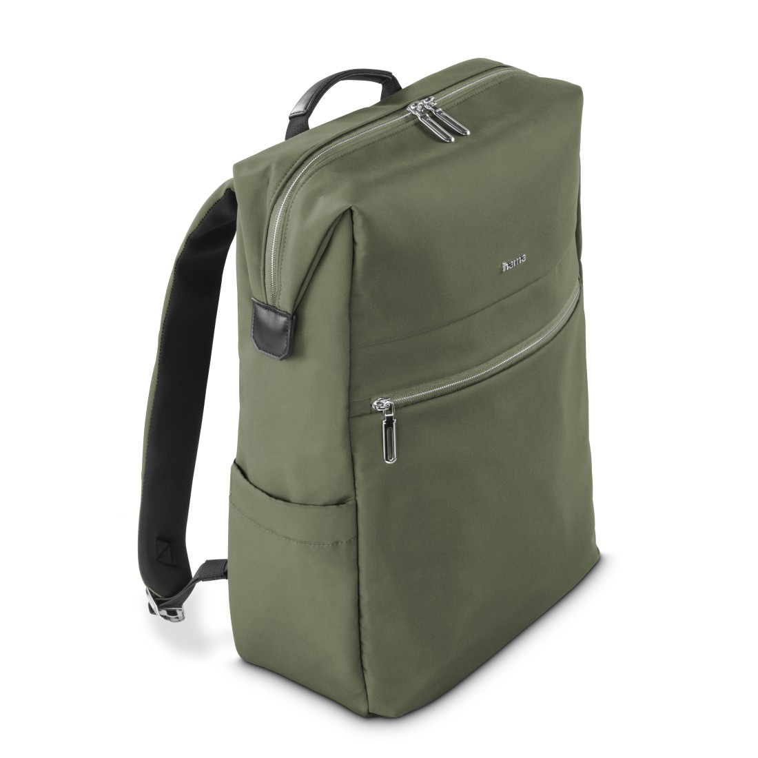 Grüner Rucksack mit schwarzen Trägern und silbernen Reißverschlüssen, auf weißem Grund.