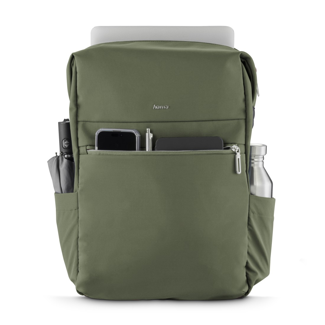 Grüne Rucksack mit Laptop, Handy, Stift, Regenschirm und Wasserflasche.