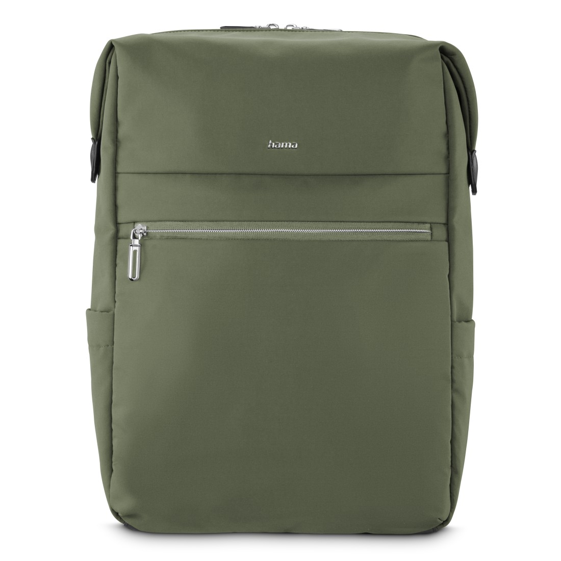 Ein grüner Rucksack mit Reißverschlusstasche und Hama-Logo.