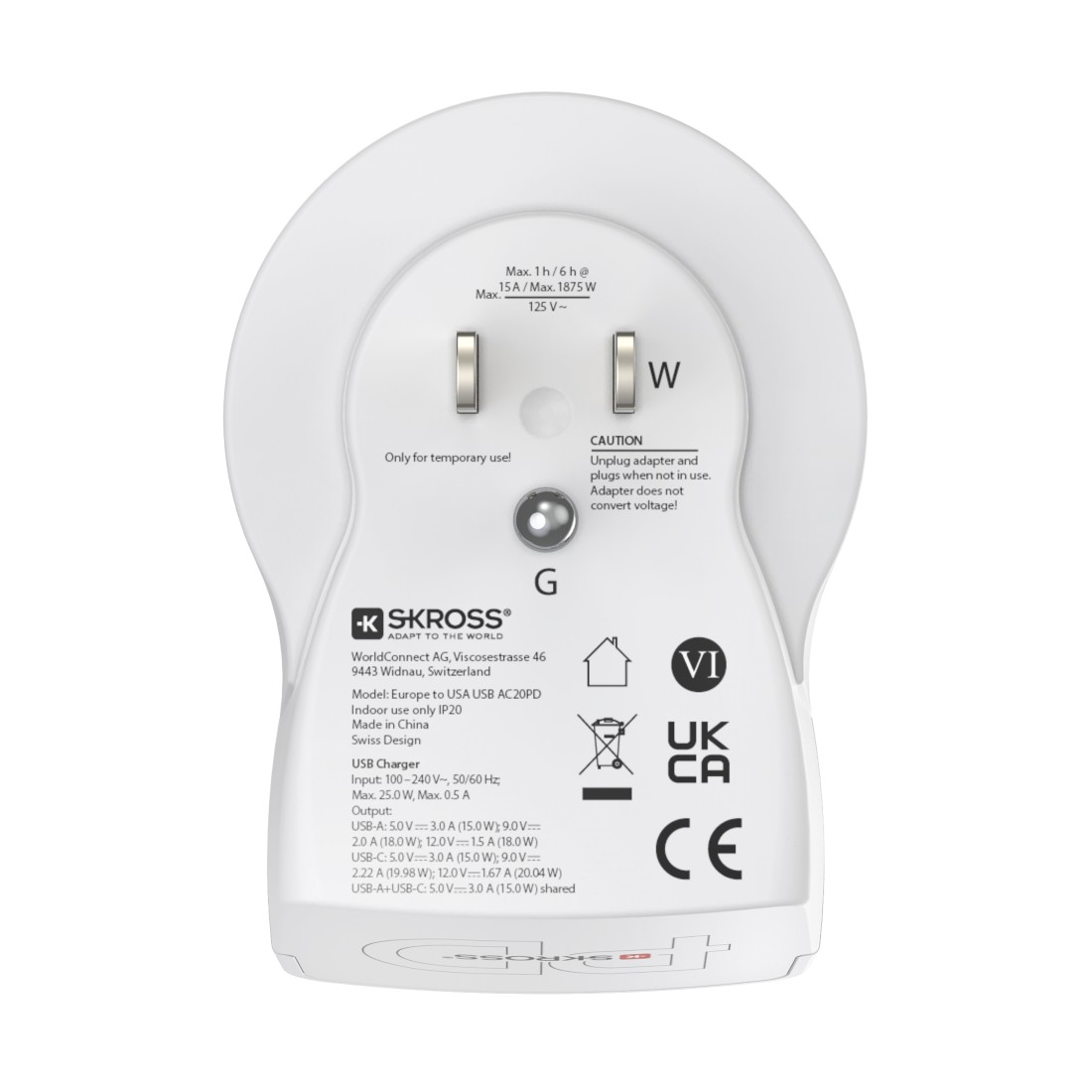 Weißer Reiseadapter mit USB-Anschlüssen und Länderkennzeichen.