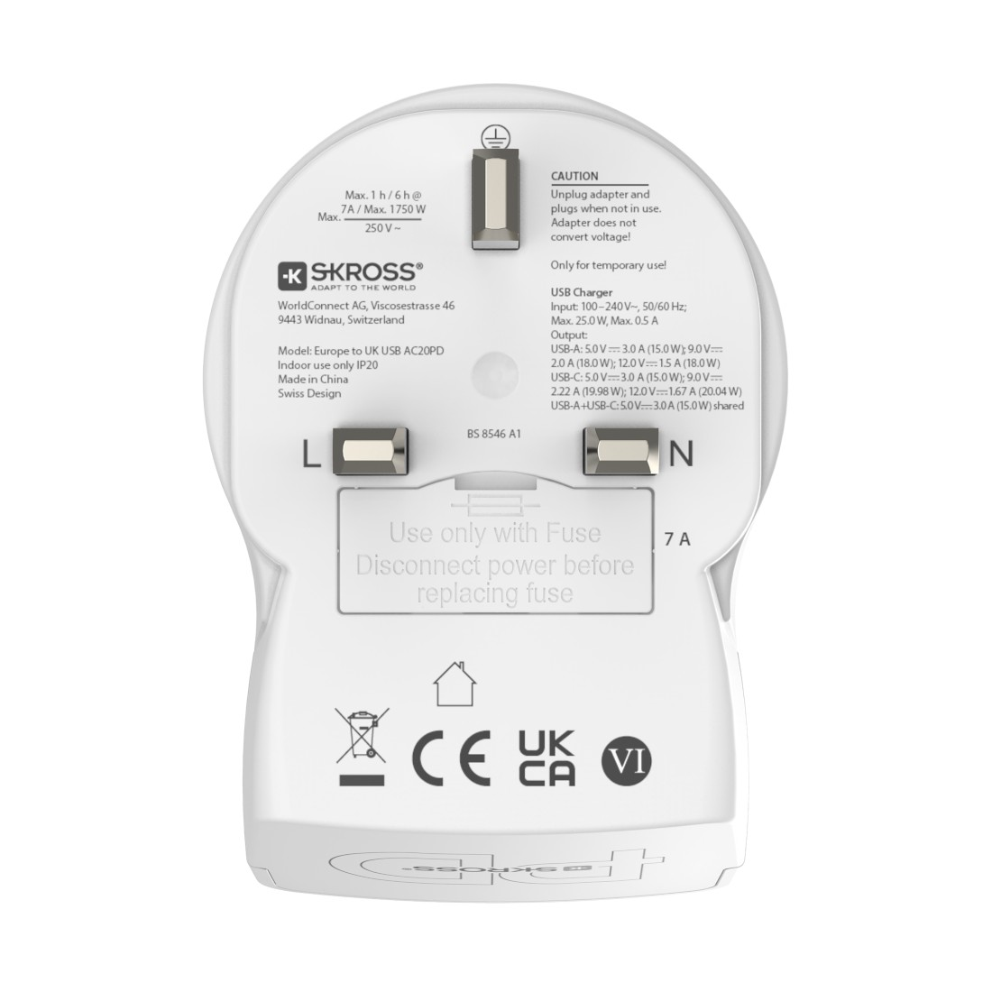 Weißer Reiseadapter mit USB-Anschlüssen und technischen Details.