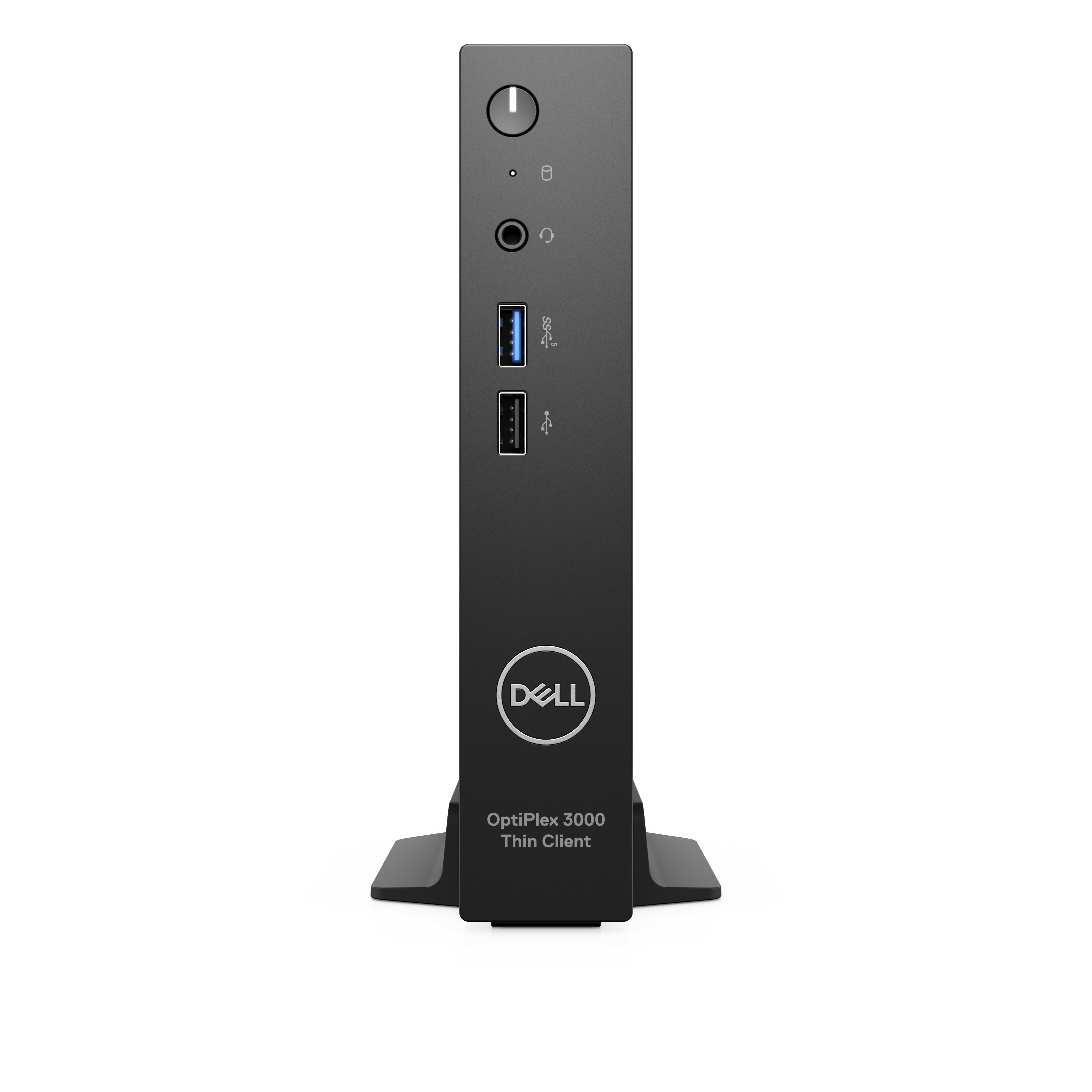 Schwarzer Dell OptiPlex 3000 Thin Client mit silbernem Dell-Logo.