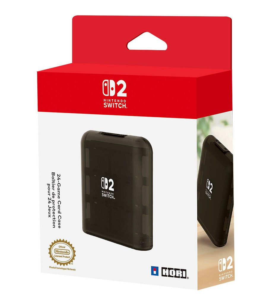 Nintendo Switch 24 oyun kartı kutusu koyu şeffaf renkte, kırmızı ve beyaz kutuda paketlenmiş.