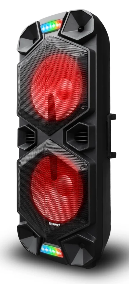 Czarny głośnik z czerwonymi światłami i paskiem świetlnym RGB.