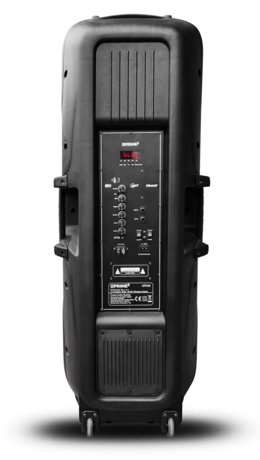 Tył czarnego głośnika z portami i elementami sterującymi.