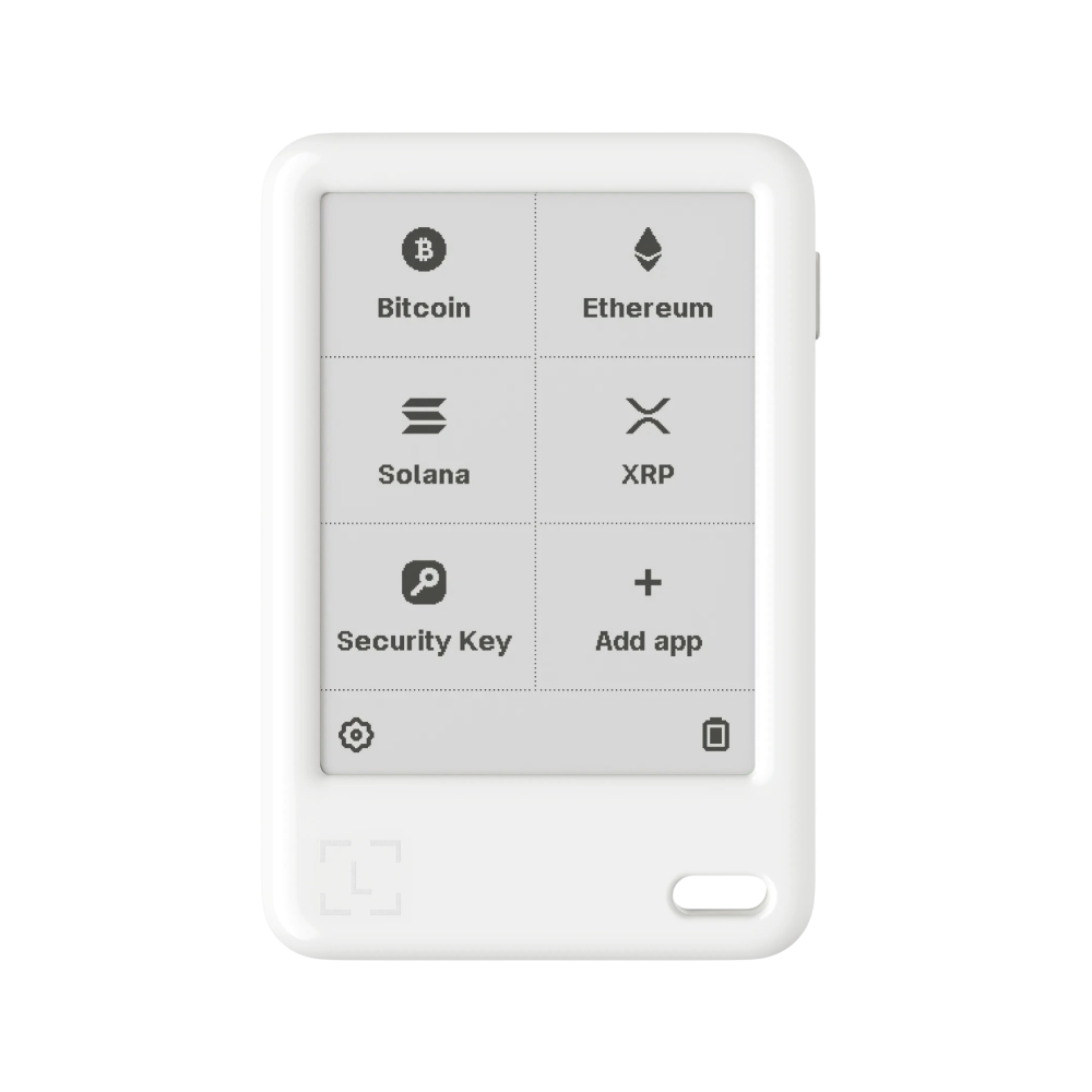 Beyaz bir kripto cüzdan Bitcoin, Ethereum, Solana, XRP, Security Key, Add App gösteriyor.