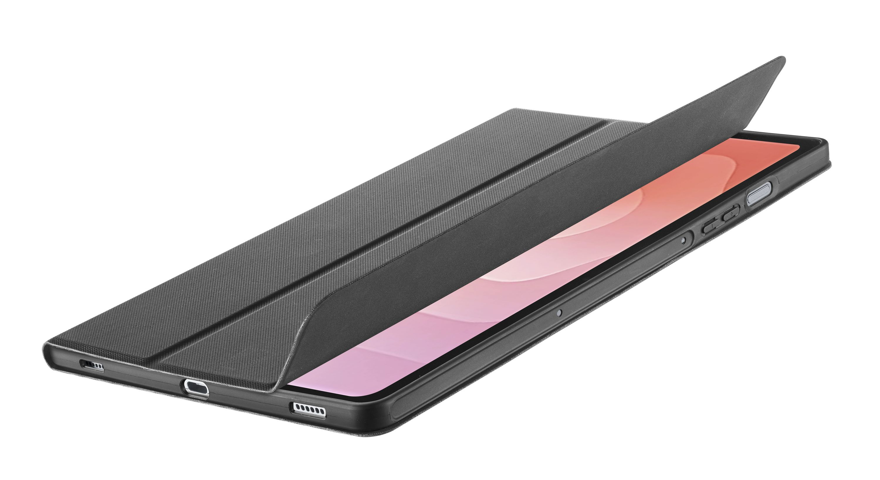Açık kapaklı, pembe ekranı ortaya çıkaran koyu renk tablet standı.