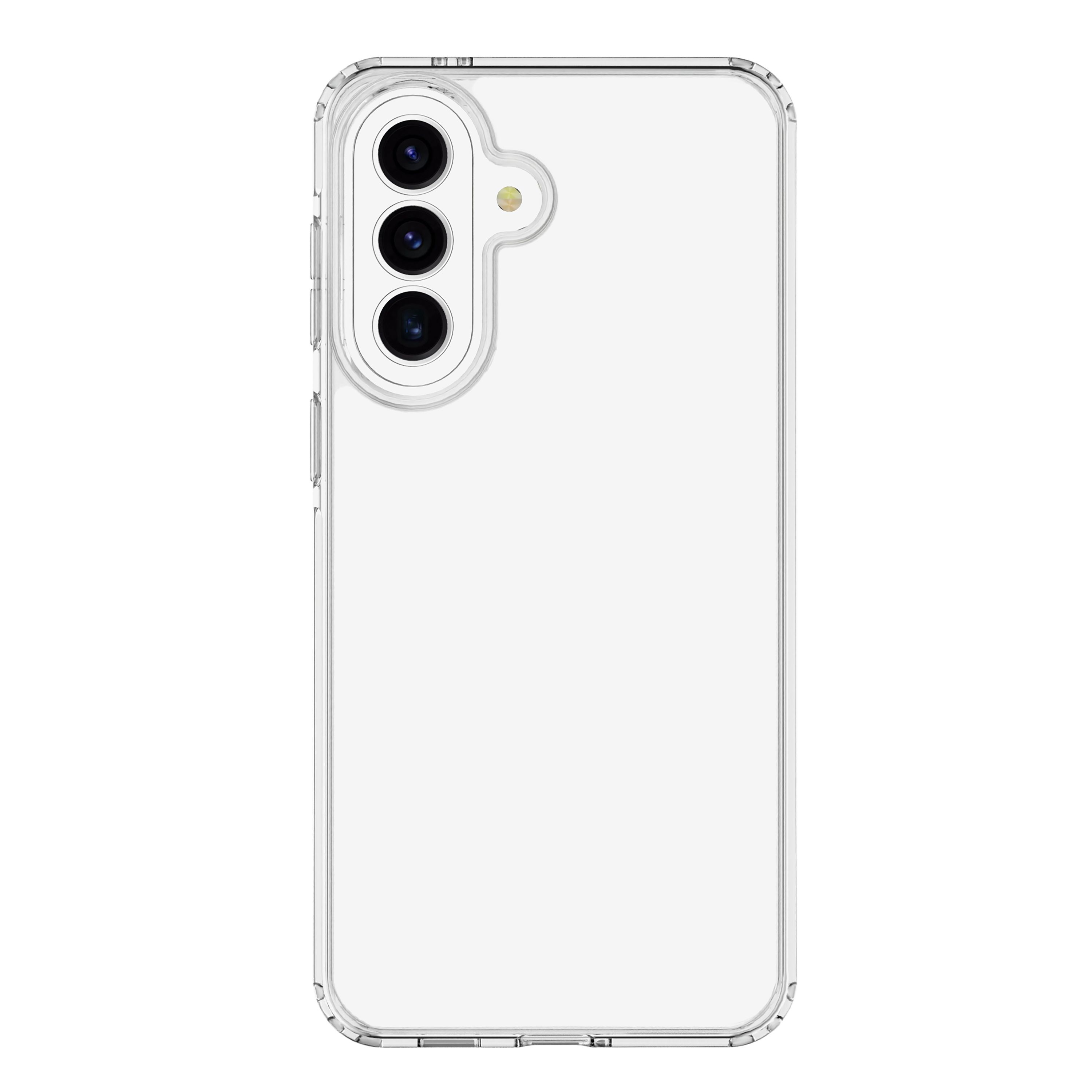 Üç kamera lensi ve flaşlı şeffaf telefon kılıfı.