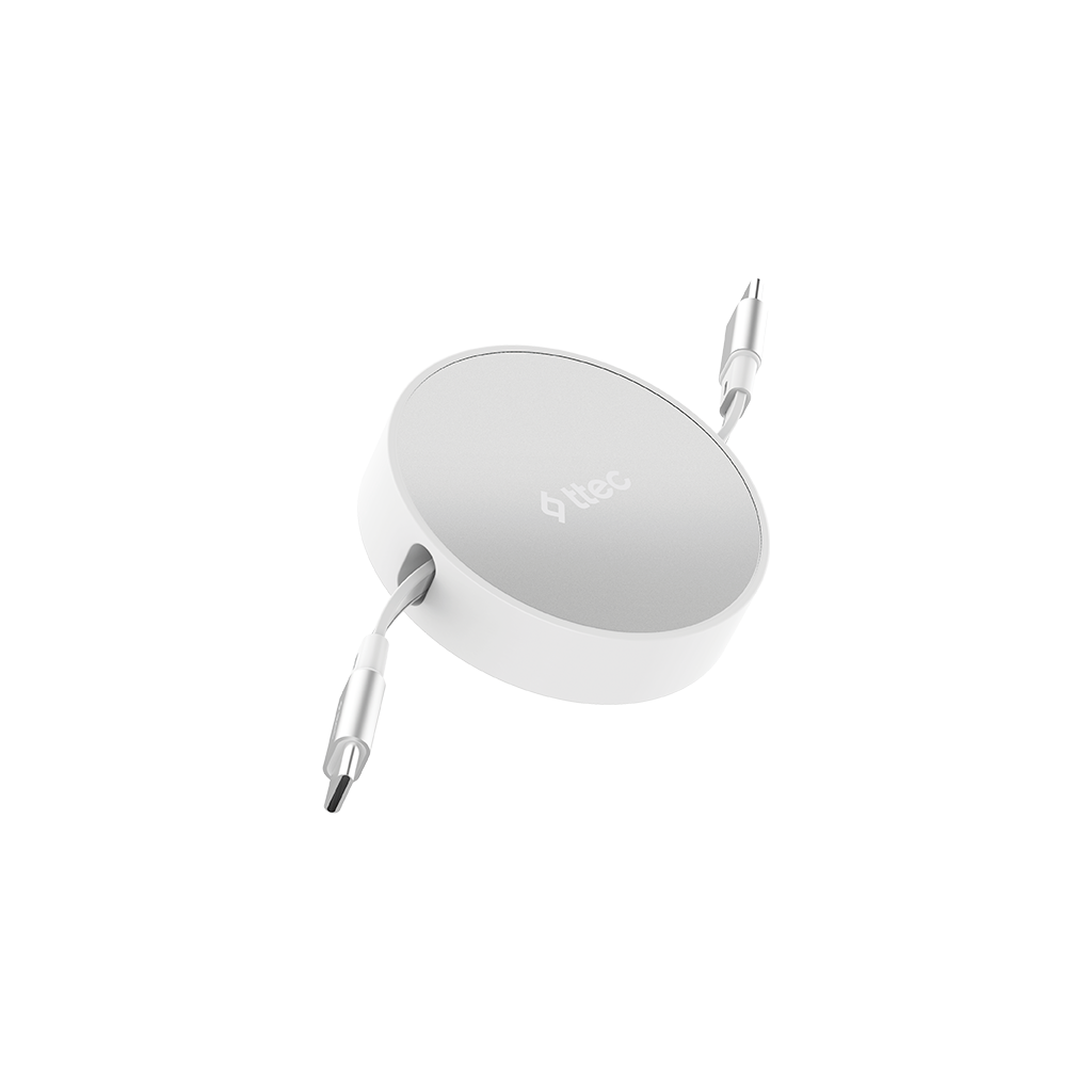 İki USB-C kablolu beyaz kablo sarıcı.