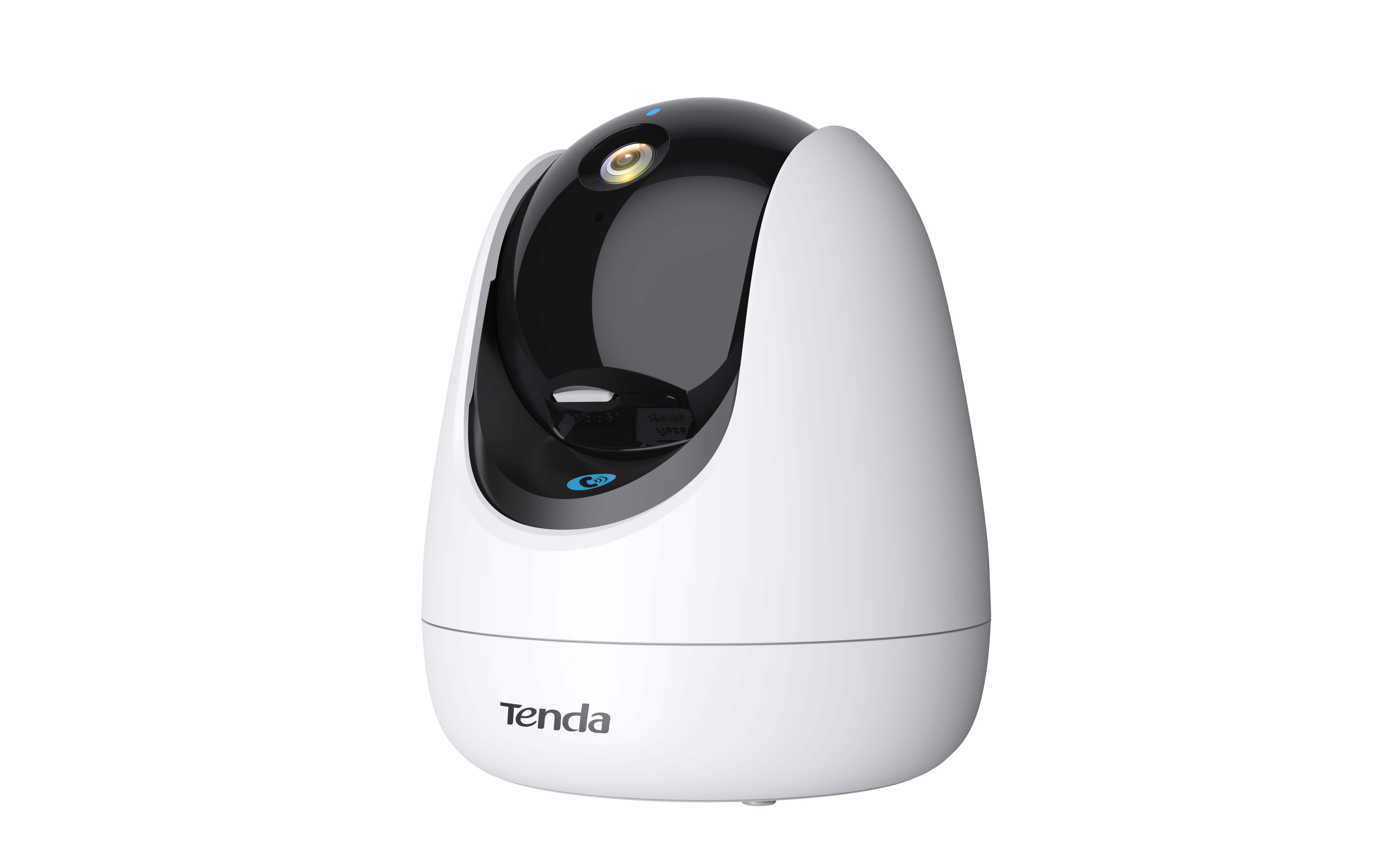 Siyah parlak başlıklı ve mavi LED ışıklı beyaz Tenda güvenlik kamerası.
