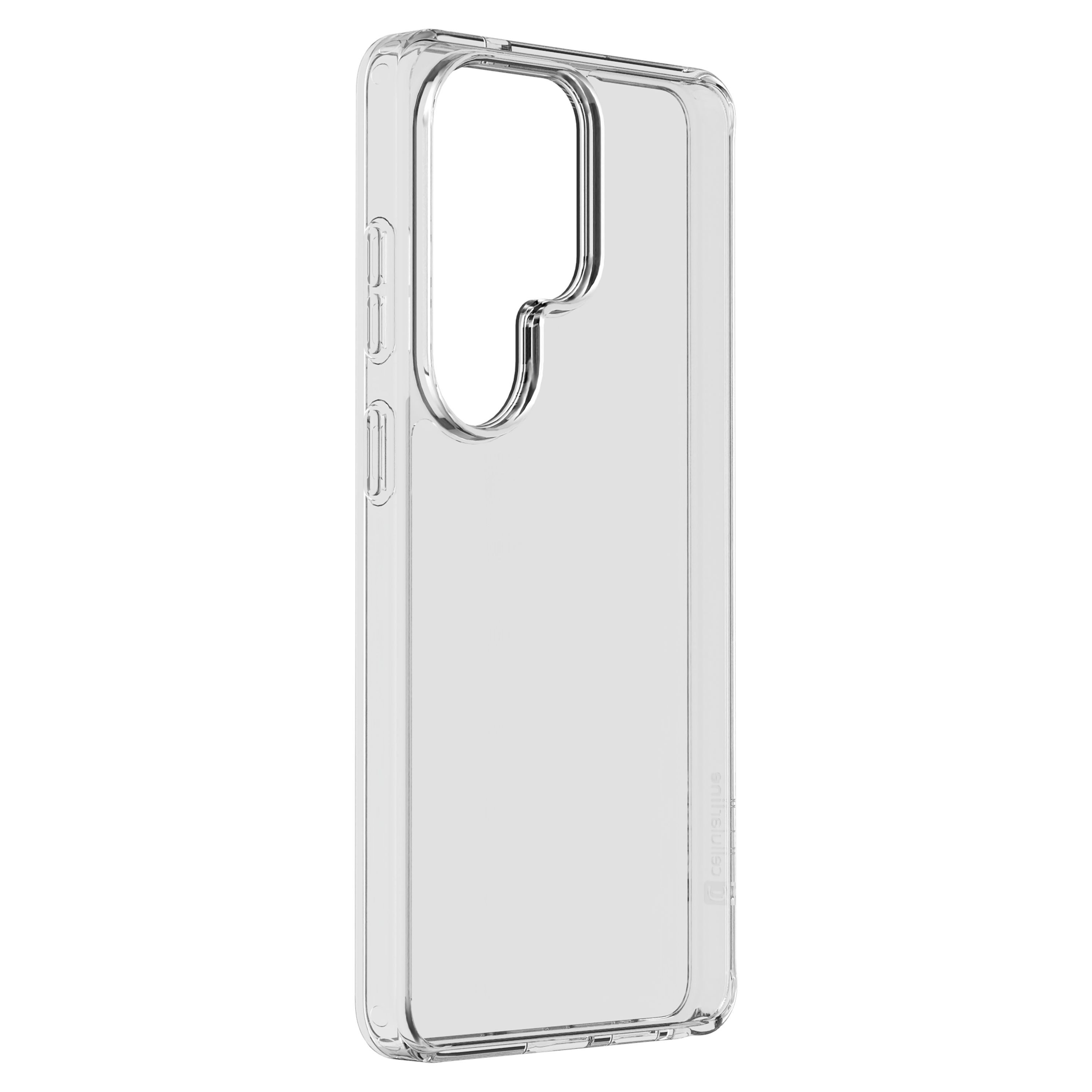 Düğmeler ve kamera için kesikleri olan şeffaf telefon kılıfı. Beyaz arka plan.