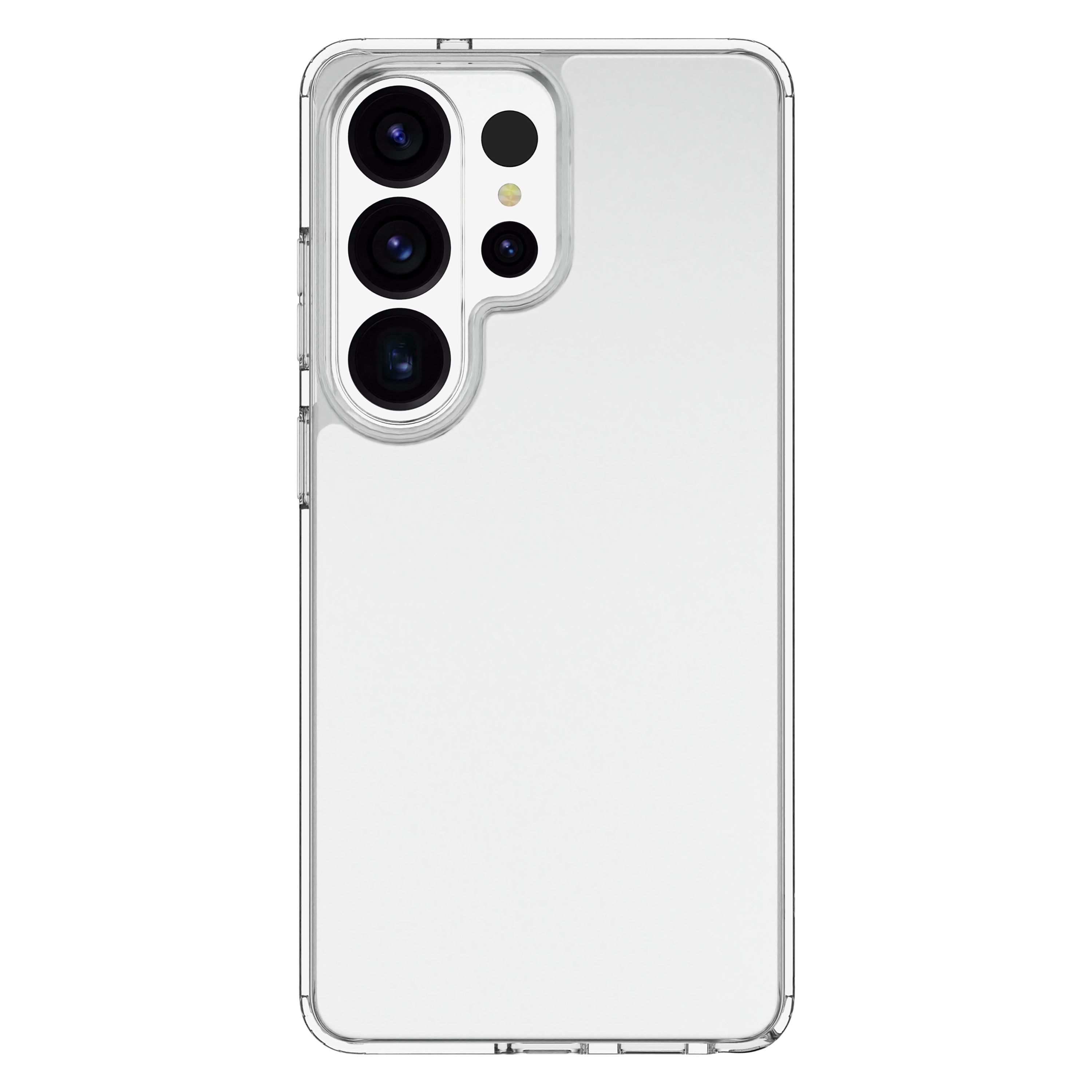 Arkada dört kamera lensi bulunan şeffaf telefon kılıfı.