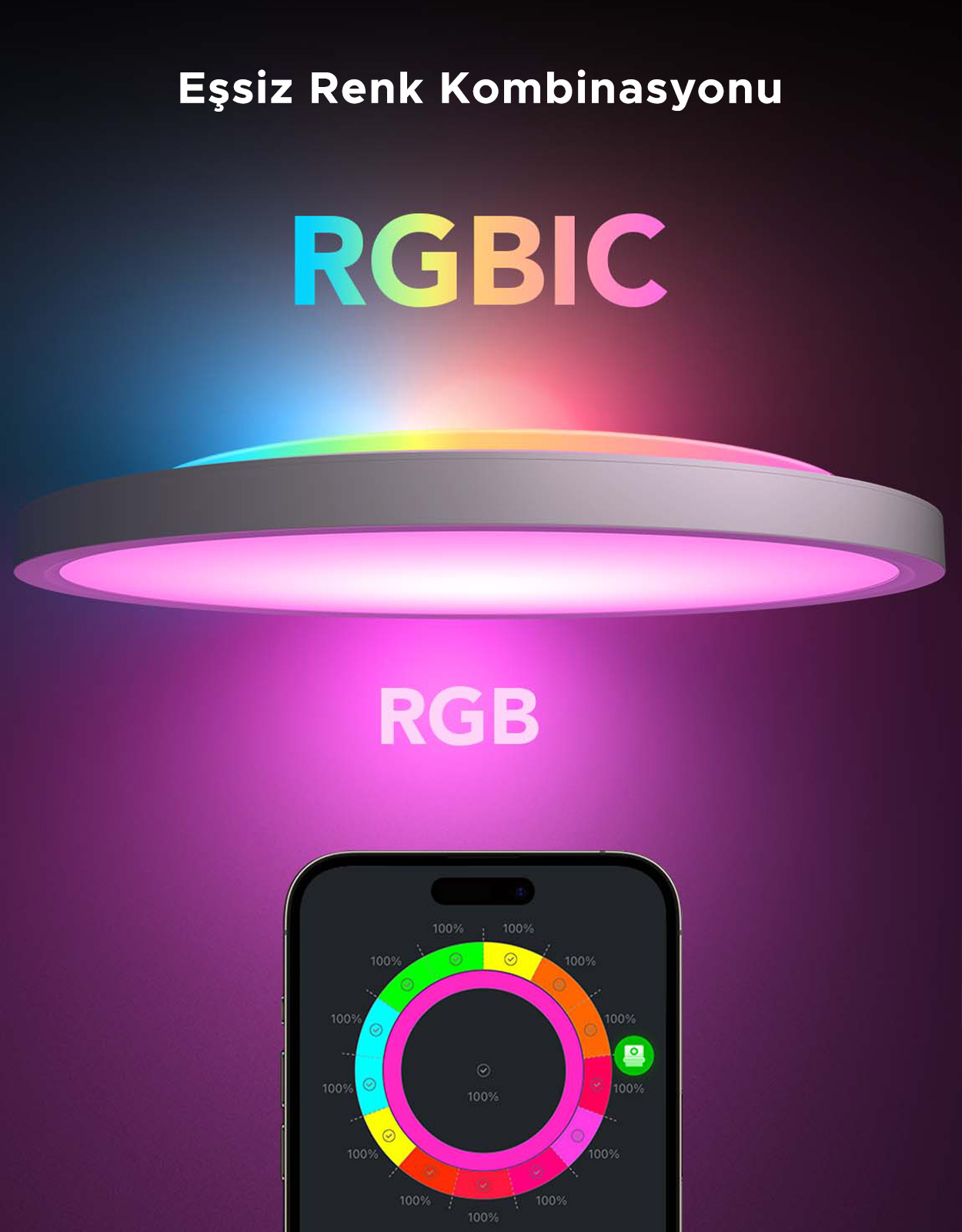 Akıllı telefonda renk çemberi uygulamasına sahip yuvarlak RGB ışık.