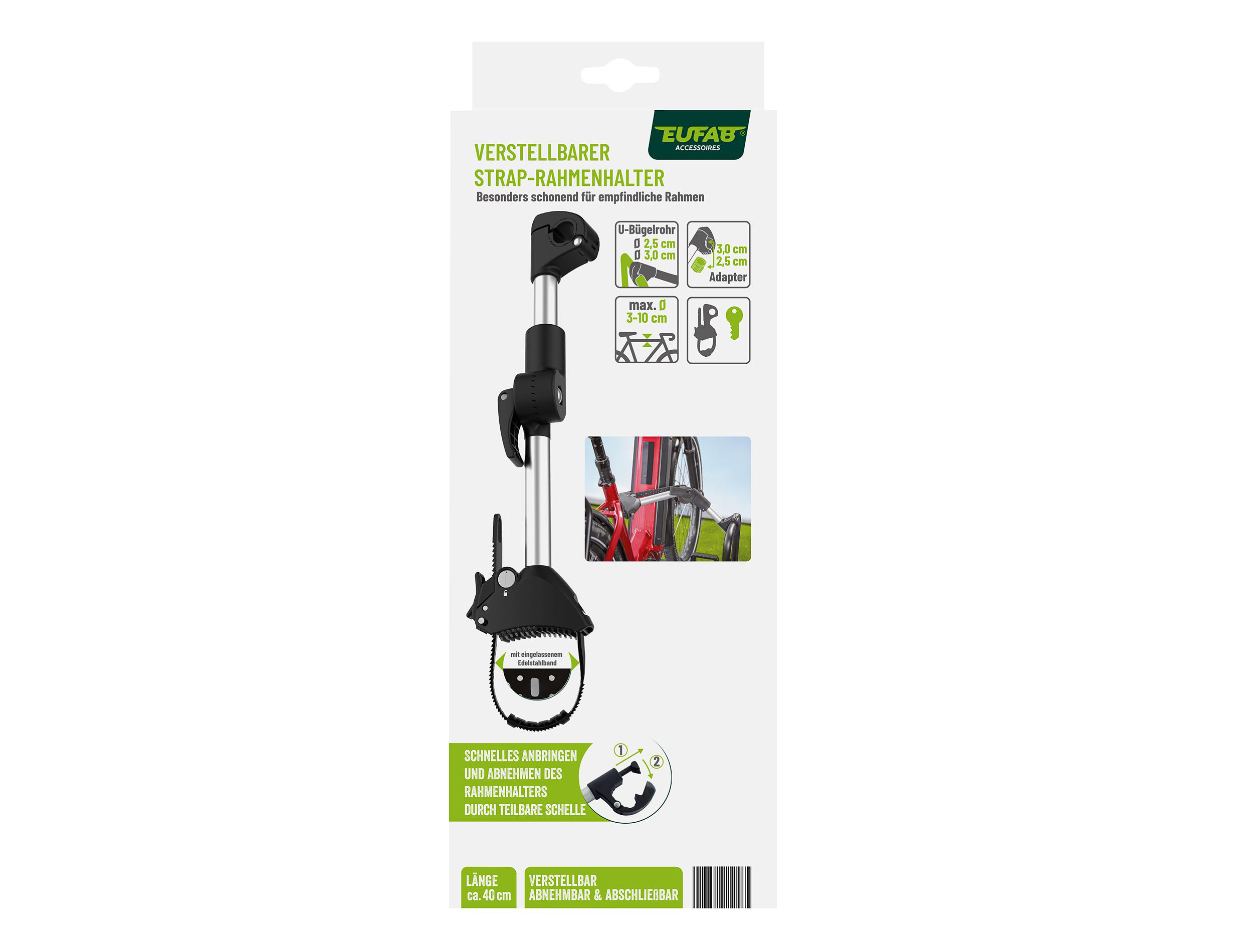 Verstellbarer Fahrradrahmenspanner mit U-Bügel und Adapter für verschiedene Rohrdurchmesser.